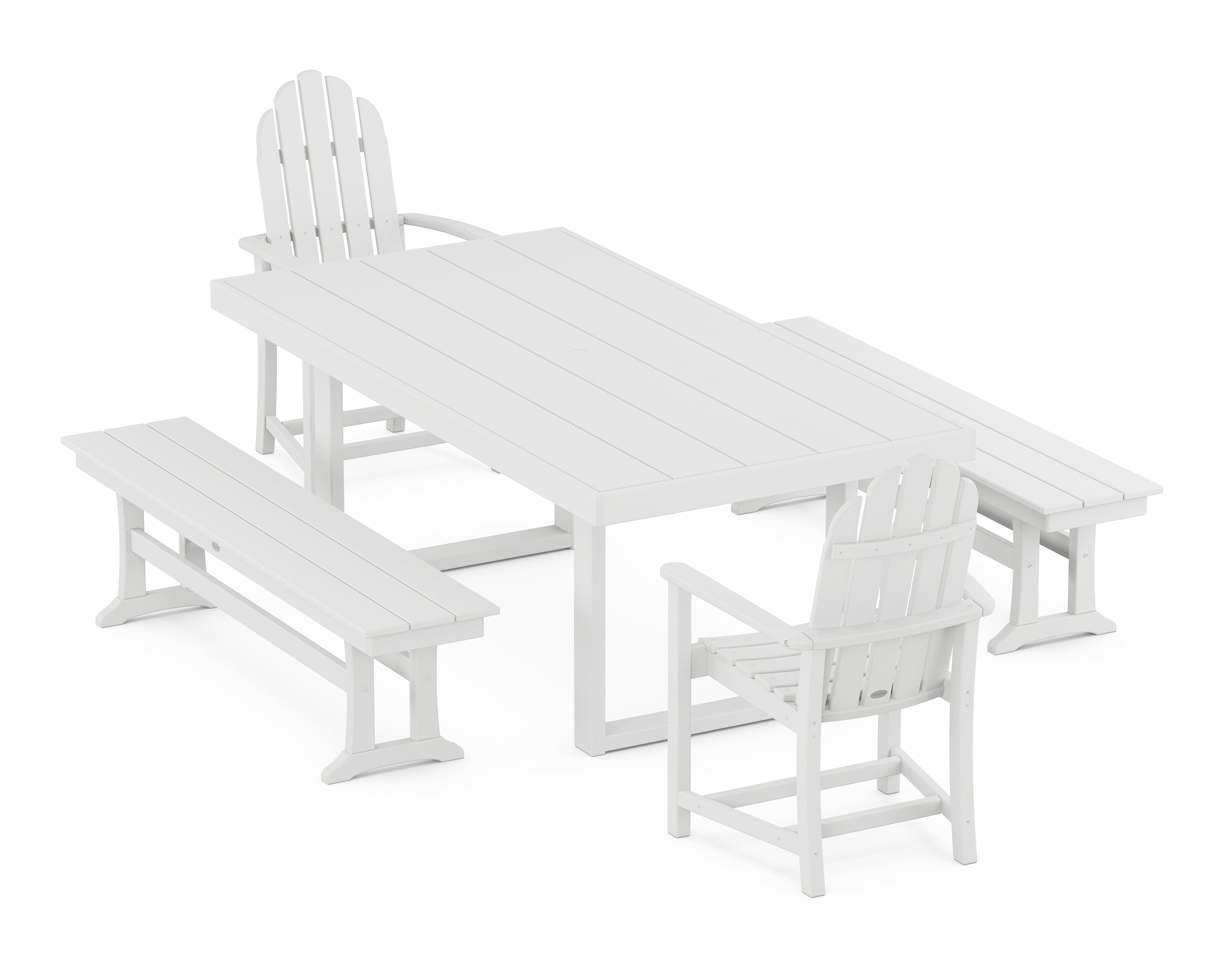 POLYWOOD® Classic Adirondack 5-Piece Dining Set with Benches in White