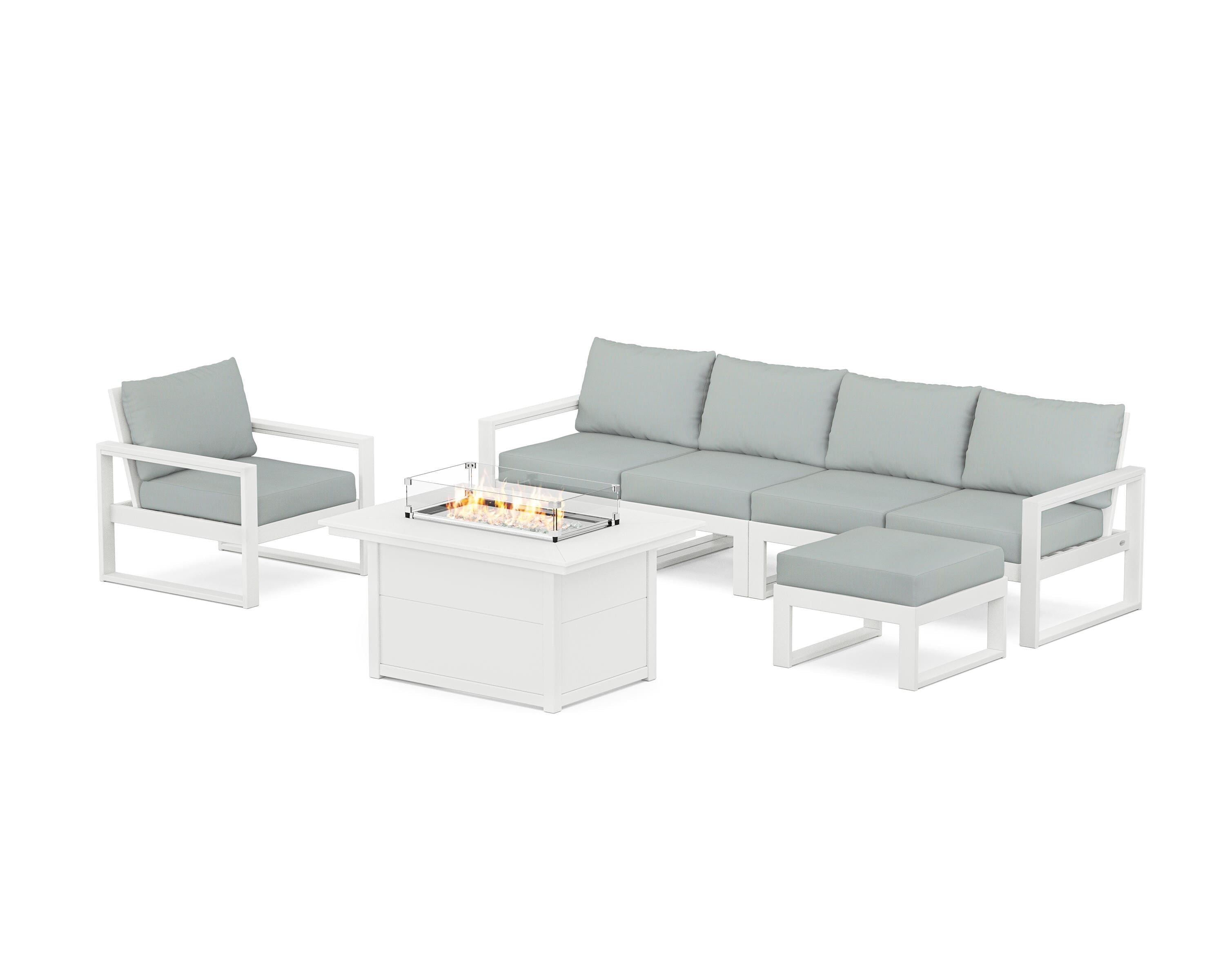POLYWOOD® EDGE Sectional Lounge and Fire Pit Set in White / Spa