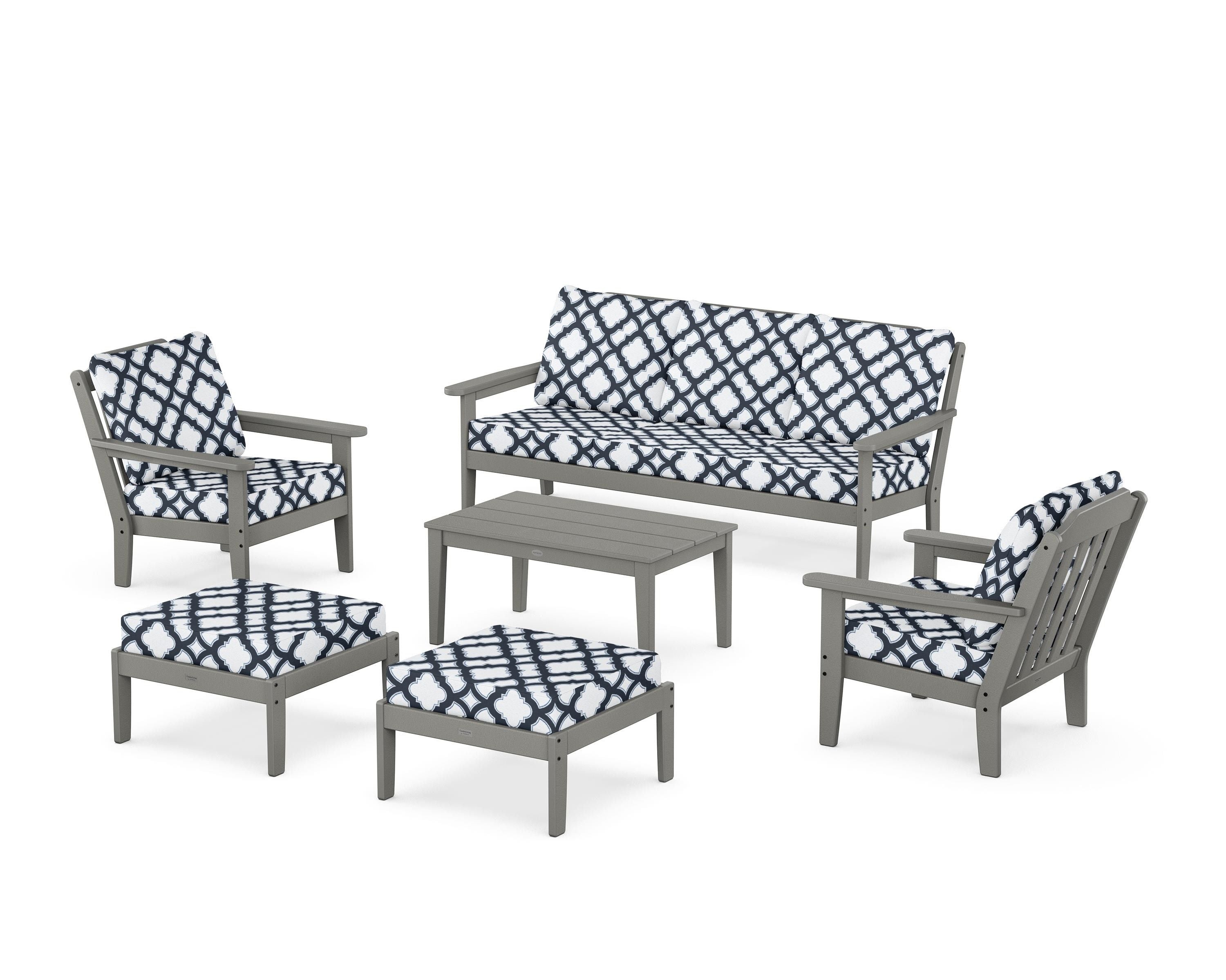 Country Living Cottage 6-Piece Lounge Sofa Set in Slate Grey / Trellis Marine Indigo