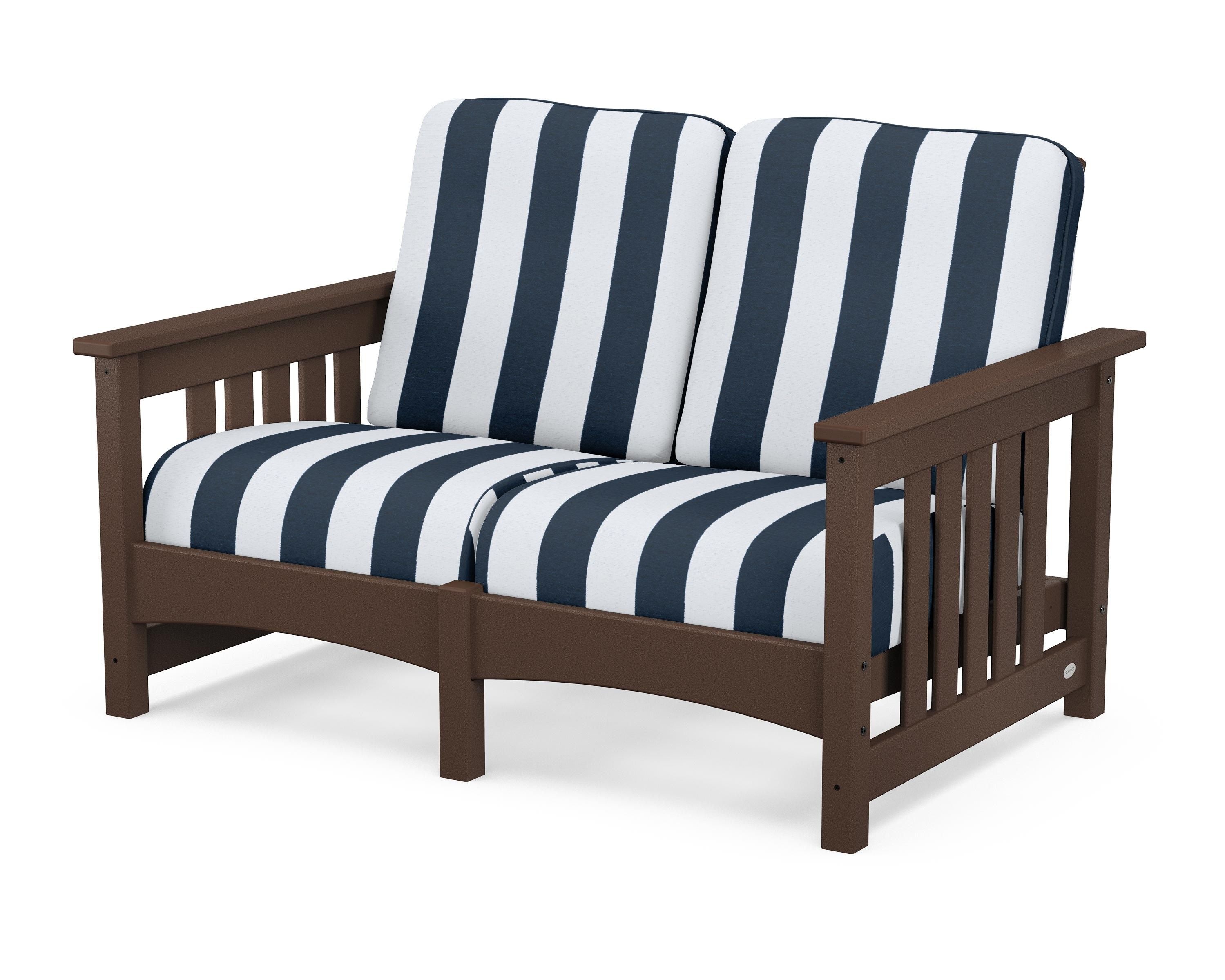 POLYWOOD® Club Mission Loveseat in Mahogany / Cabana Stripe Marine Indigo