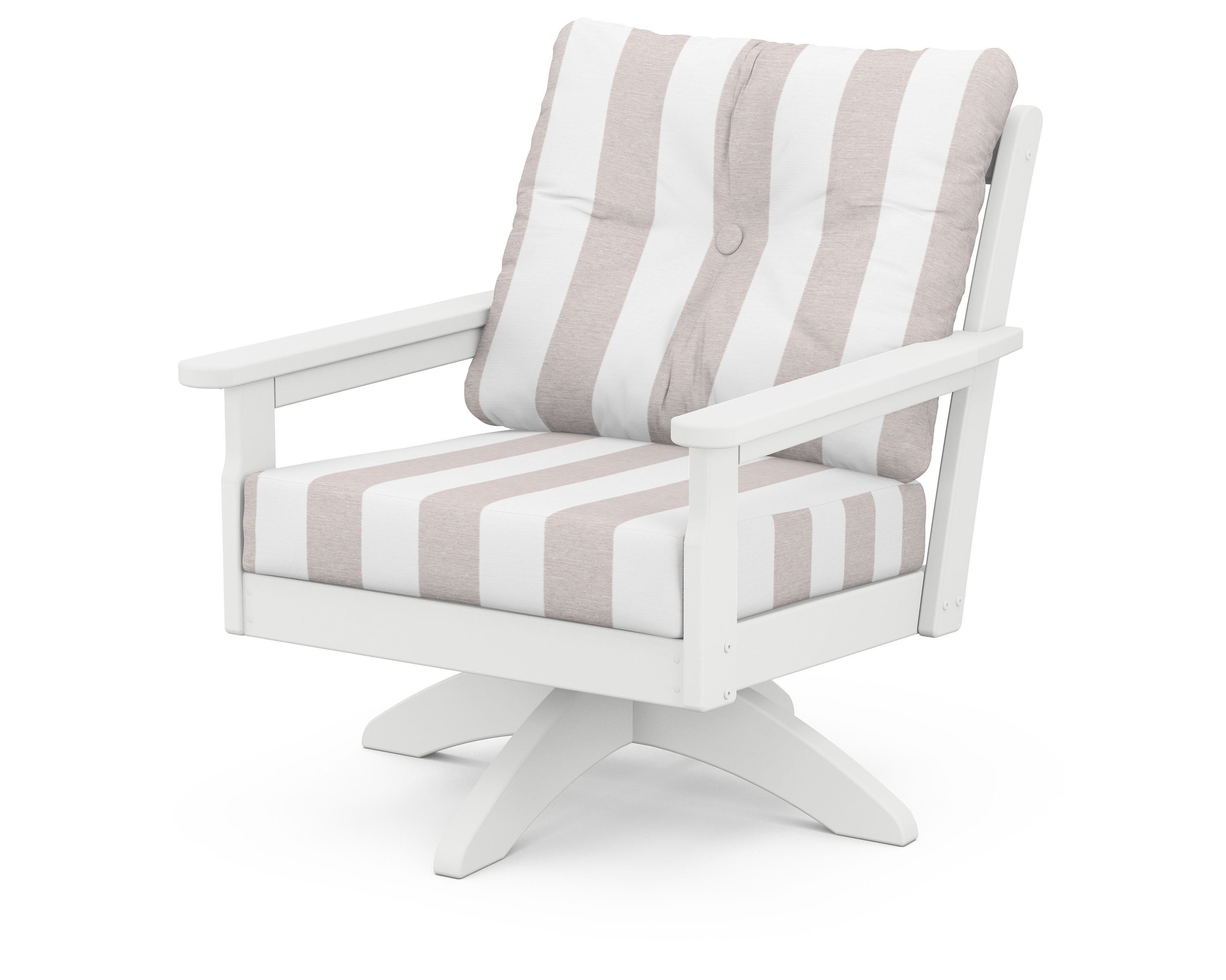POLYWOOD® Vineyard Deep Seating Swivel Chair in White / Cabana Stripe Dune Burlap