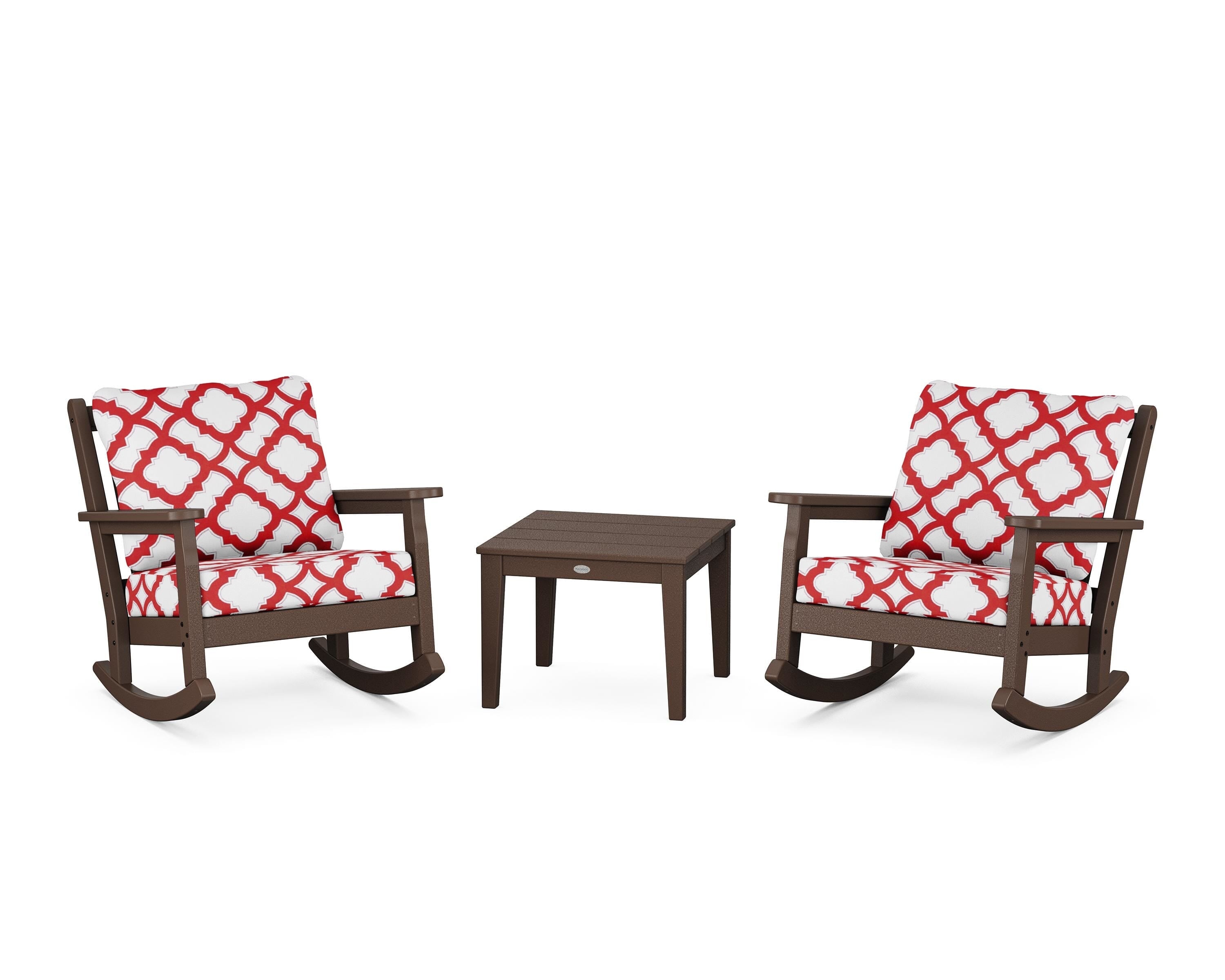 POLYWOOD® Chippendale 3-Piece Deep Seating Rocker Set in Mahogany / Trellis Crimson