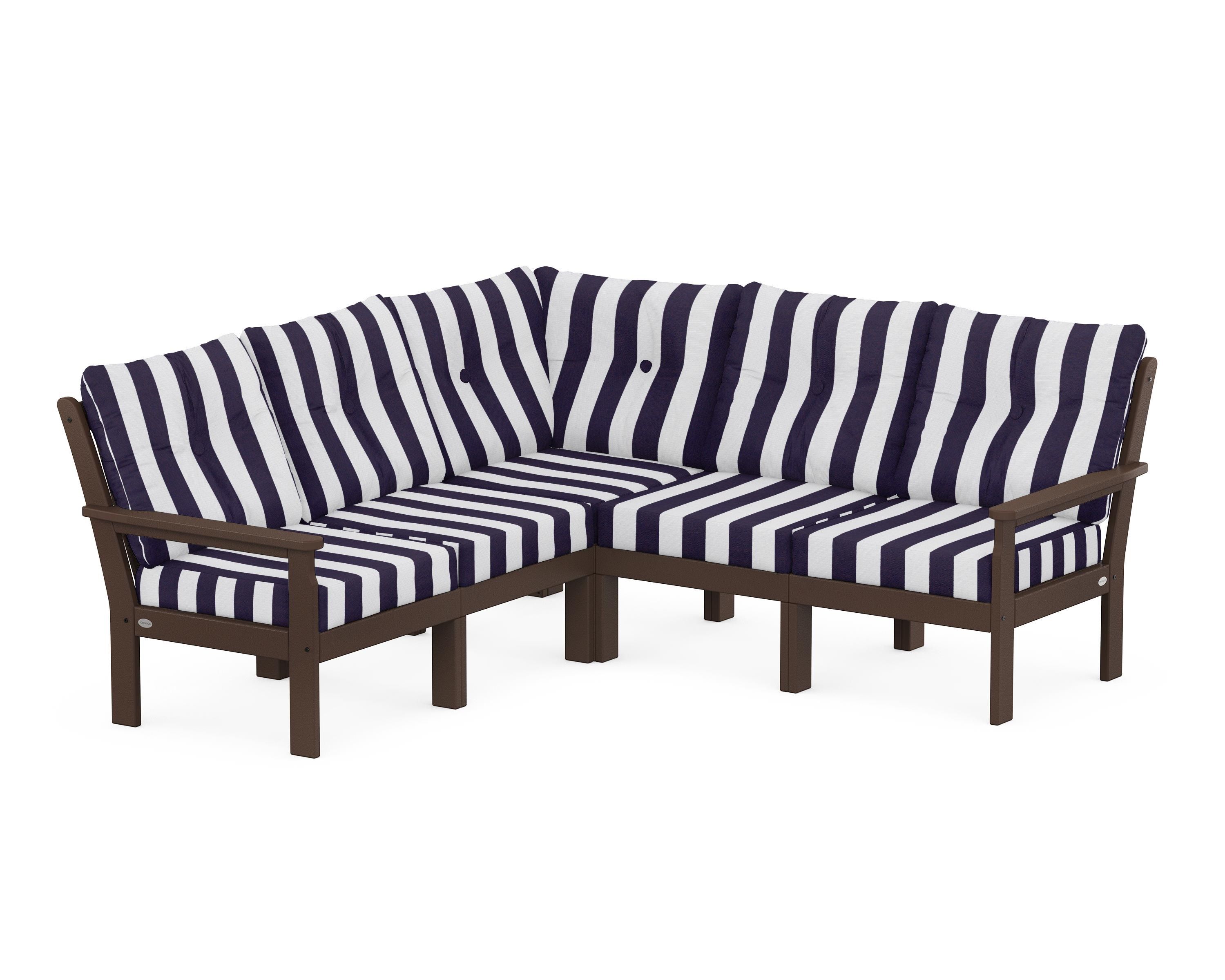 POLYWOOD® Vineyard 5-Piece Sectional in Mahogany / Cabana Stripe Navy