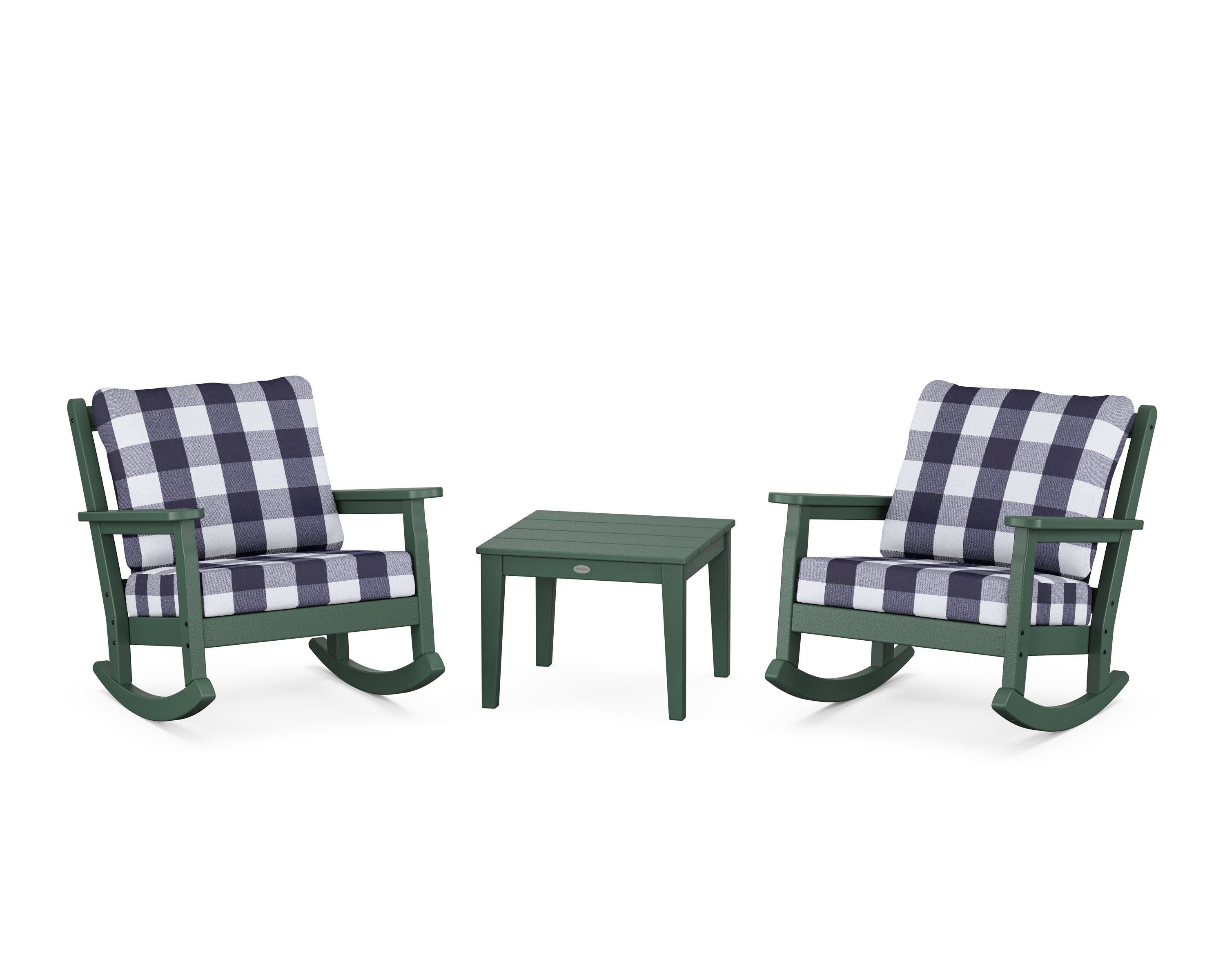 POLYWOOD® Chippendale 3-Piece Deep Seating Rocker Set in Green / Buffalo Plaid Navy