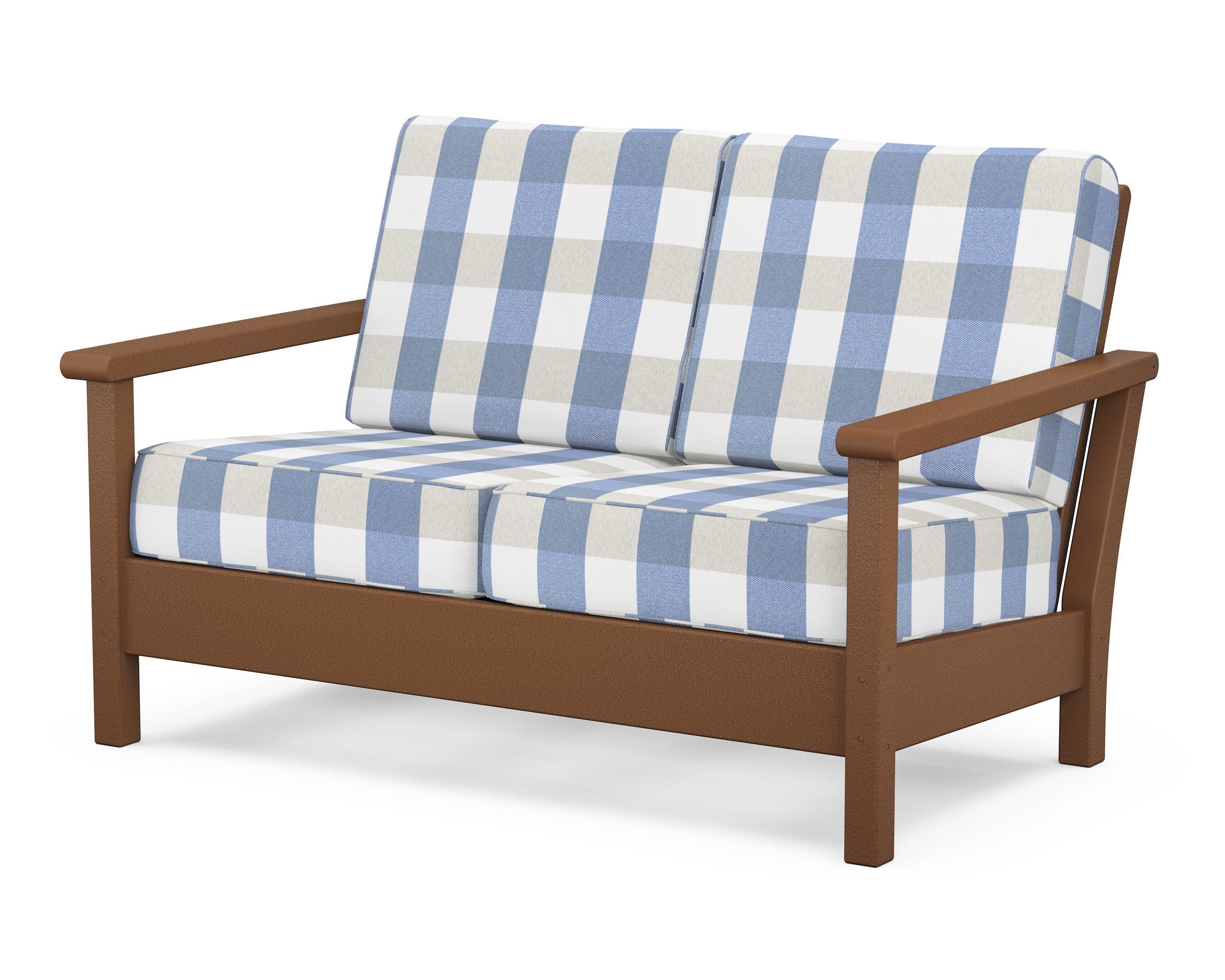 POLYWOOD® Harbour Deep Seating Loveseat in Teak / Buffalo Plaid Sky Blue