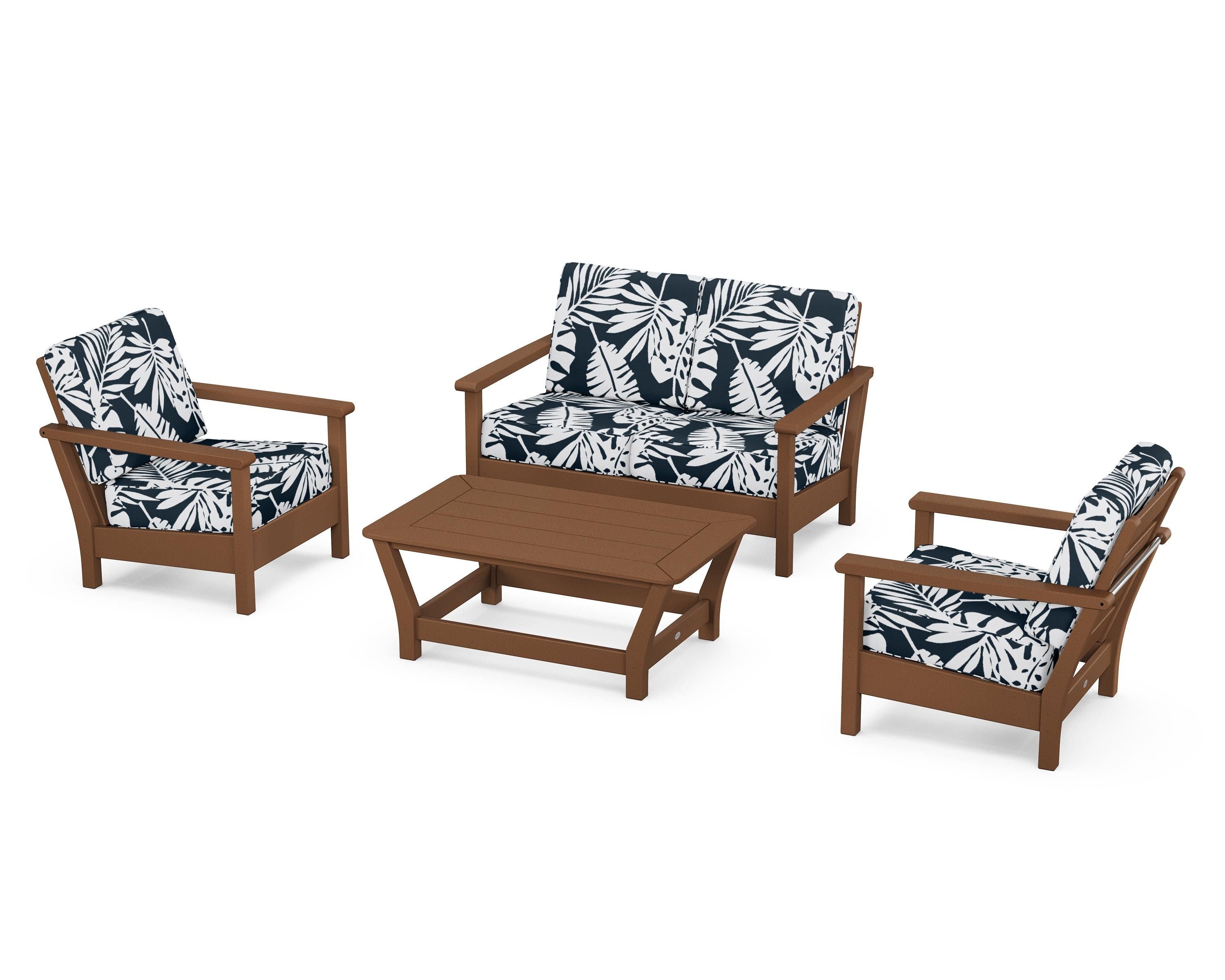 POLYWOOD® Harbour 4-Piece Deep Seating Set in Teak / Leaf Marine Indigo