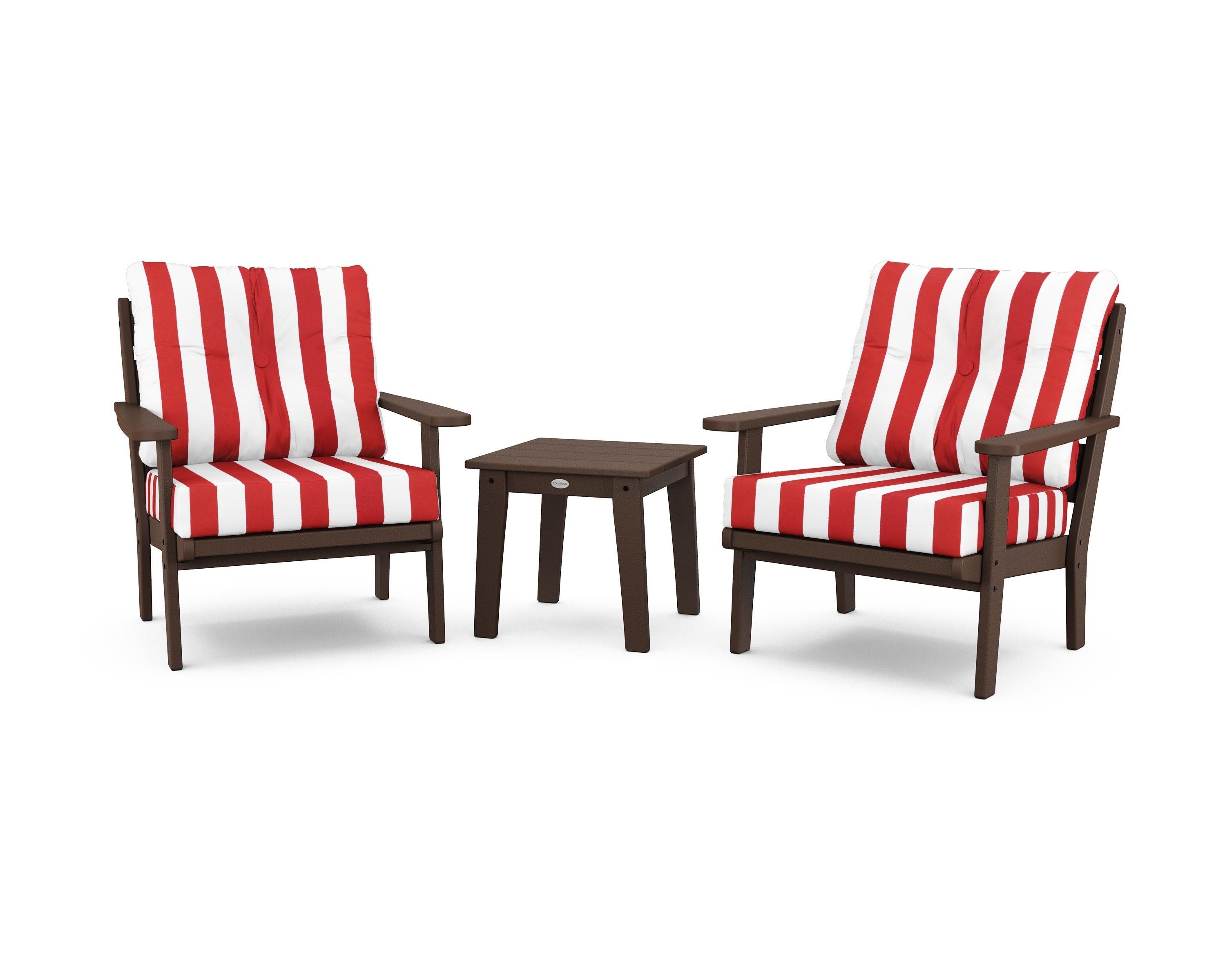 POLYWOOD® Lakeside 3-Piece Deep Seating Chair Set in Mahogany / Cabana Stripe Crimson