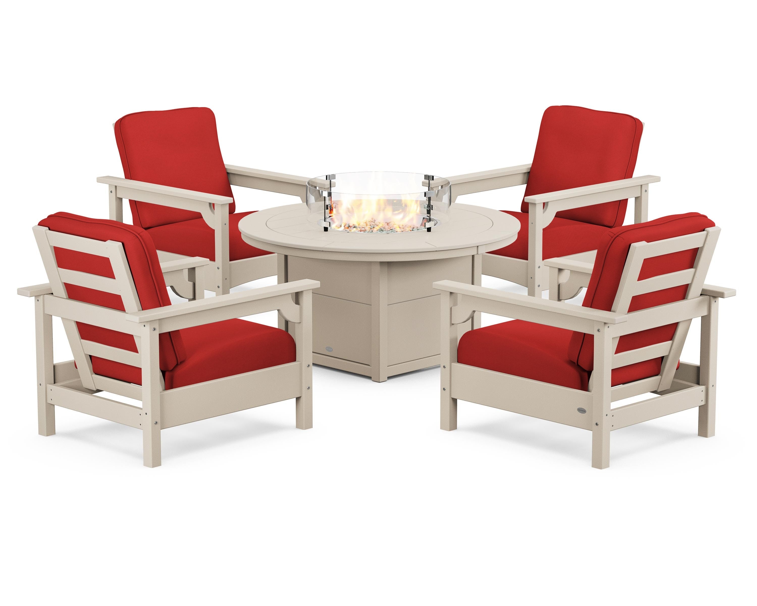 POLYWOOD® Club 5-Piece Conversation Set with Fire Pit Table in Sand / Crimson Linen
