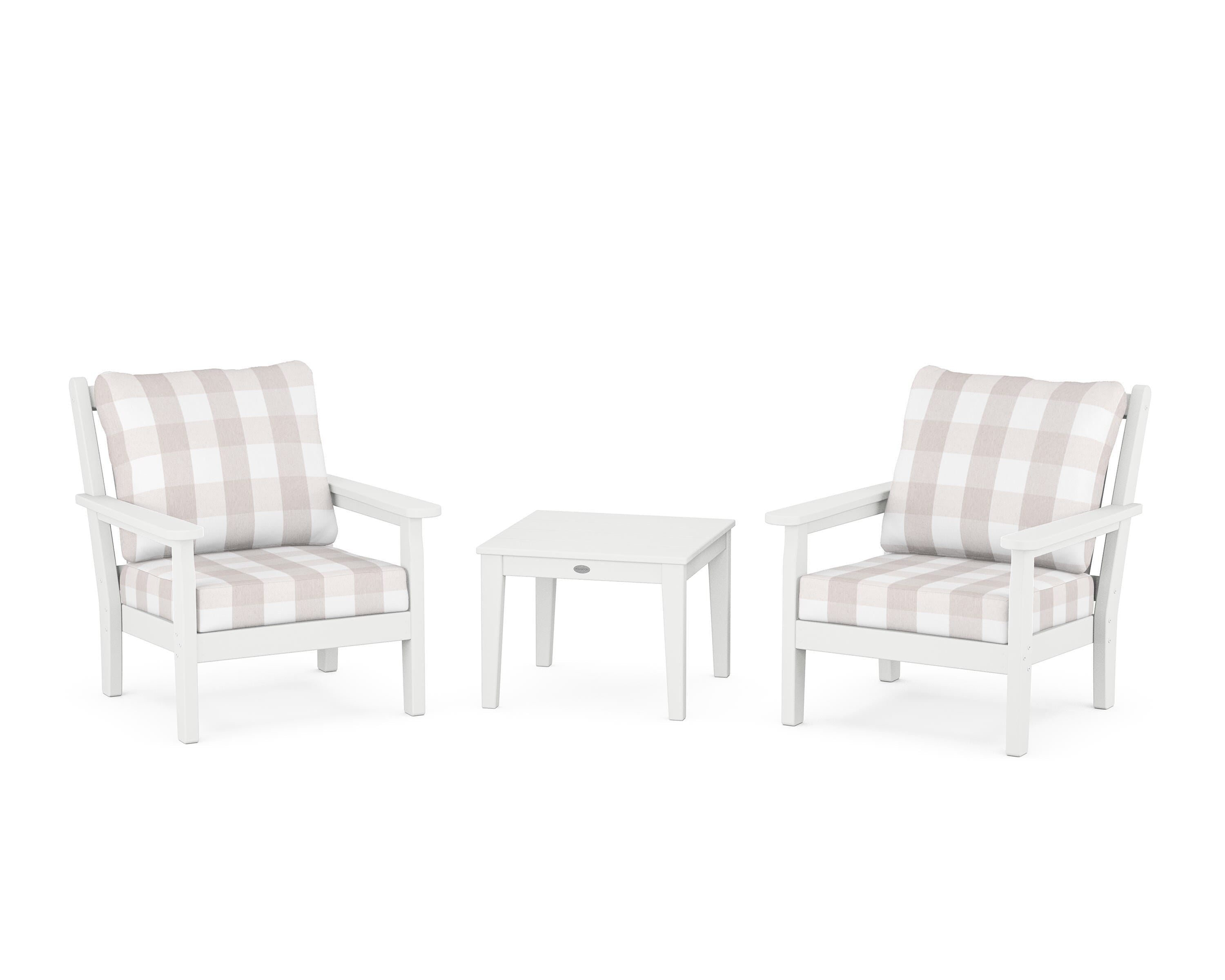 POLYWOOD® Chippendale 3-Piece Deep Seating Set in White / Buffalo Plaid Dune Burlap