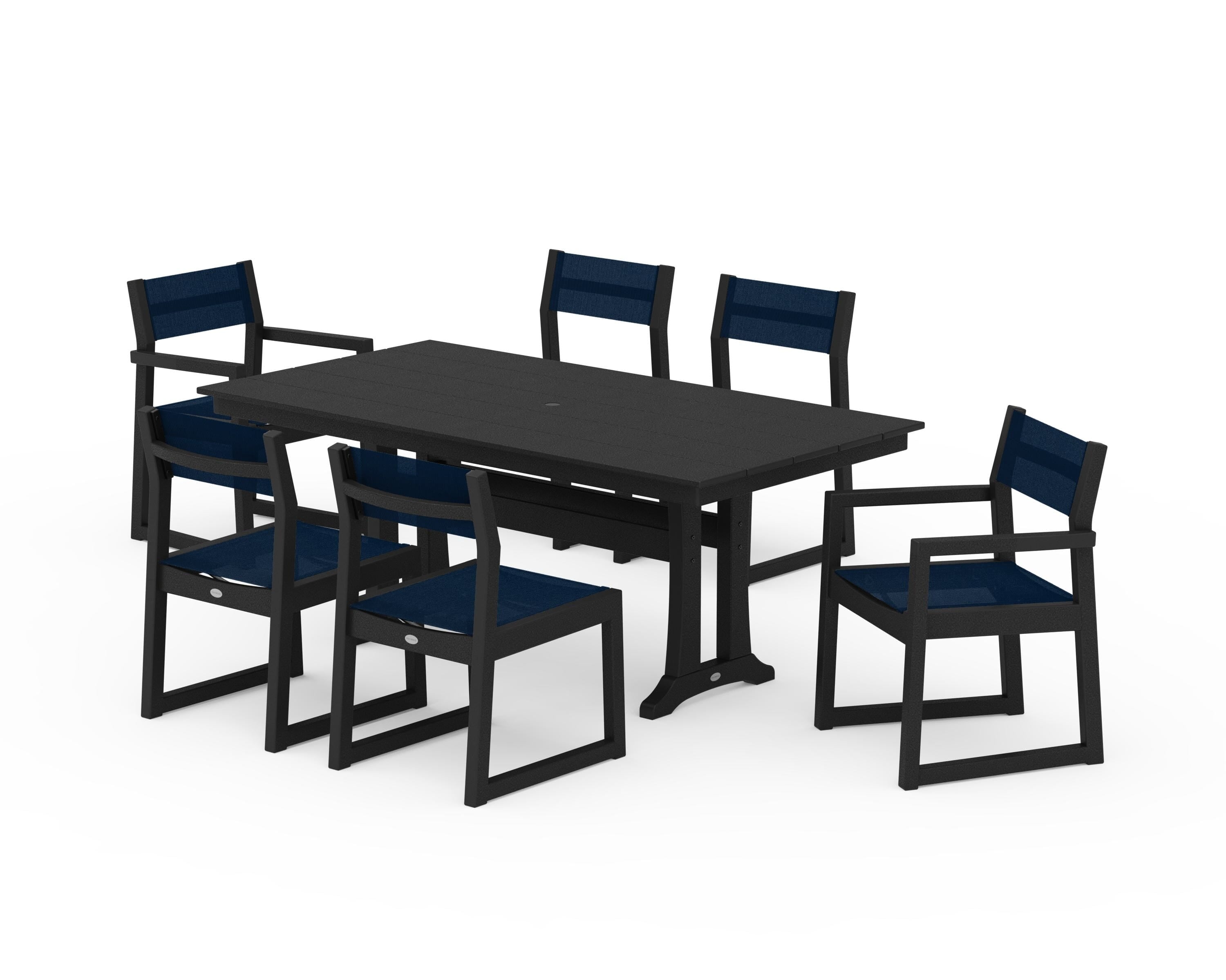 POLYWOOD® EDGE Sling 7-Piece Farmhouse Trestle Dining Set in Black / Navy Blue Sling