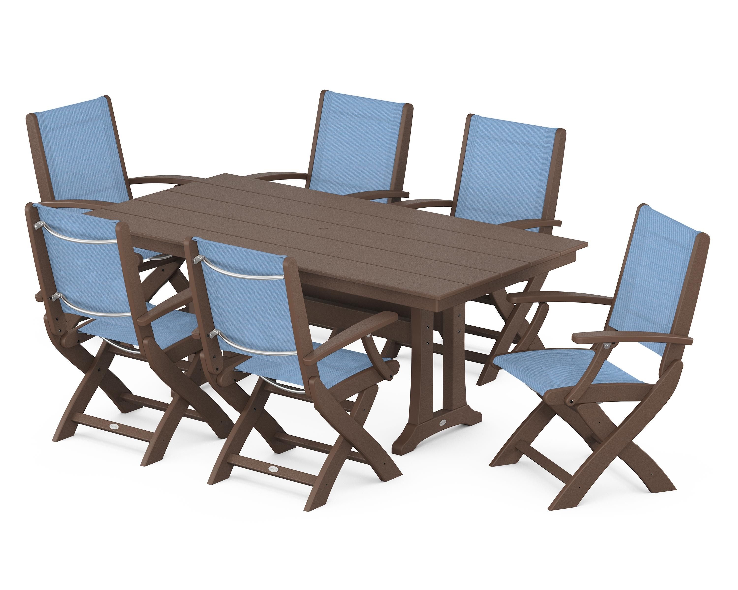 POLYWOOD® Coastal Folding Arm Chair 7-Piece Farmhouse Dining Set with Trestle Legs in Mahogany / Poolside Sling