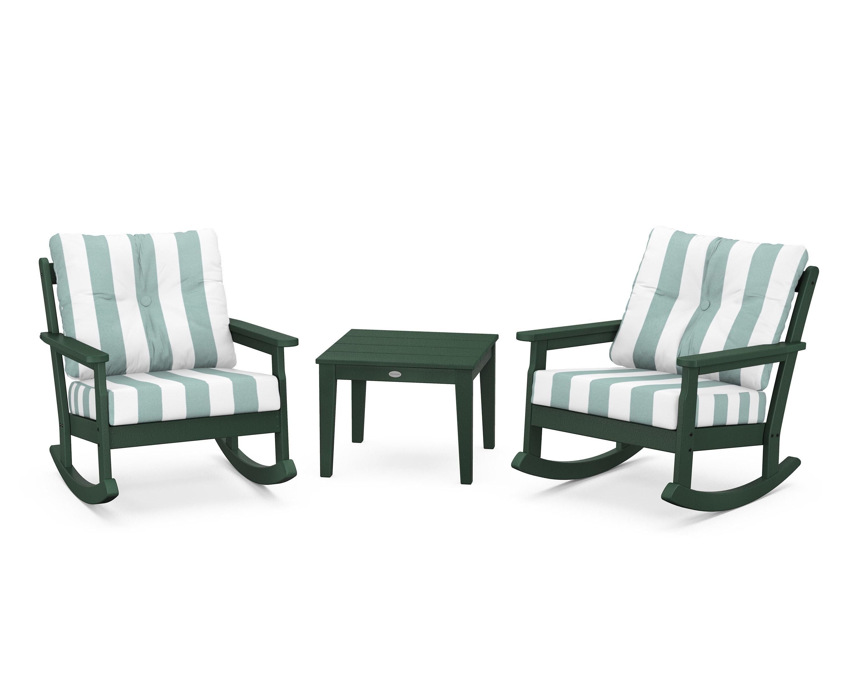 POLYWOOD® Vineyard 3-Piece Deep Seating Rocker Set in Green / Cabana Stripe Glacier Spa