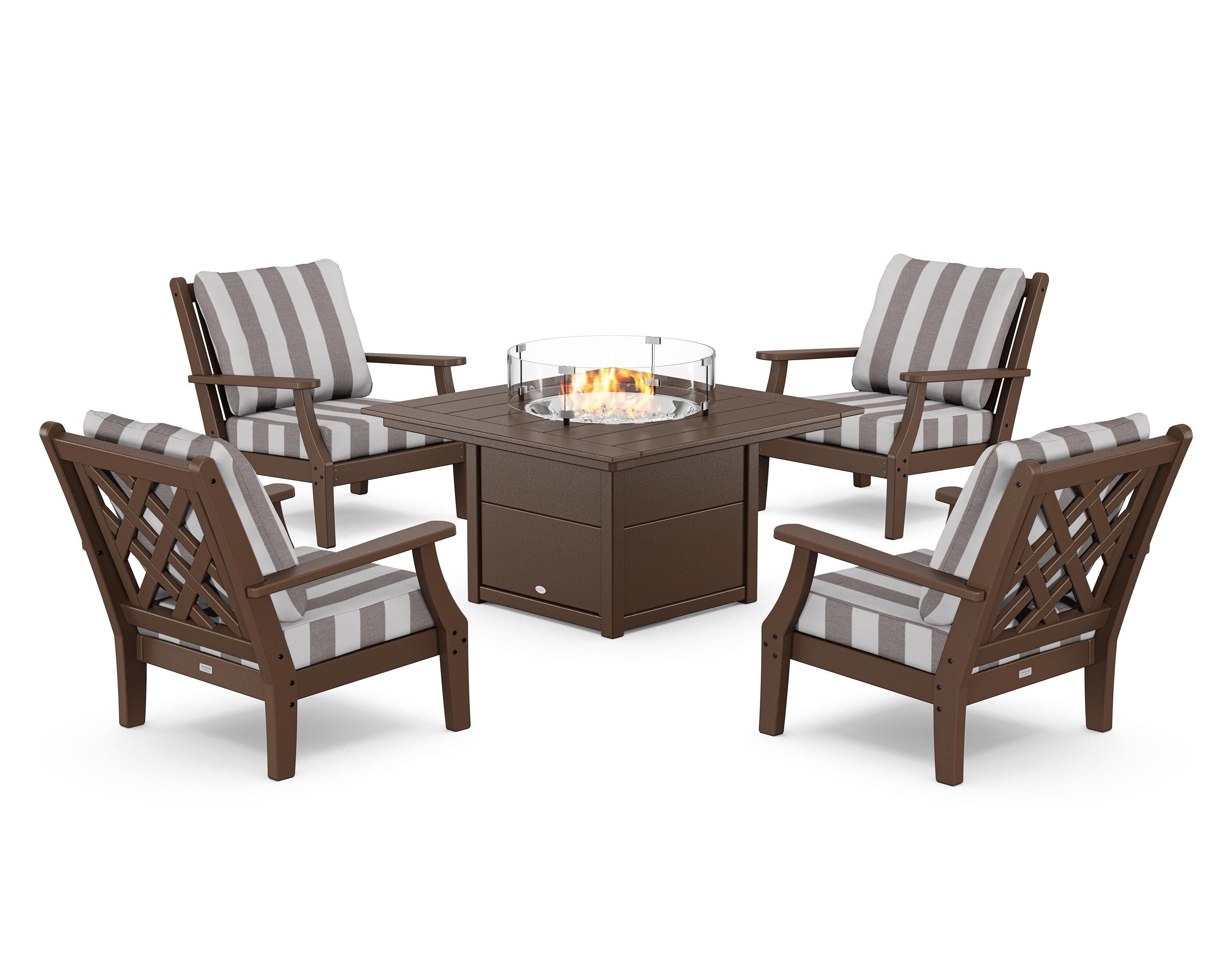 Country Living Wovendale 5-Piece Deep Seating Set with Fire Pit Table in Mahogany / Cabana Stripe Grey Mist