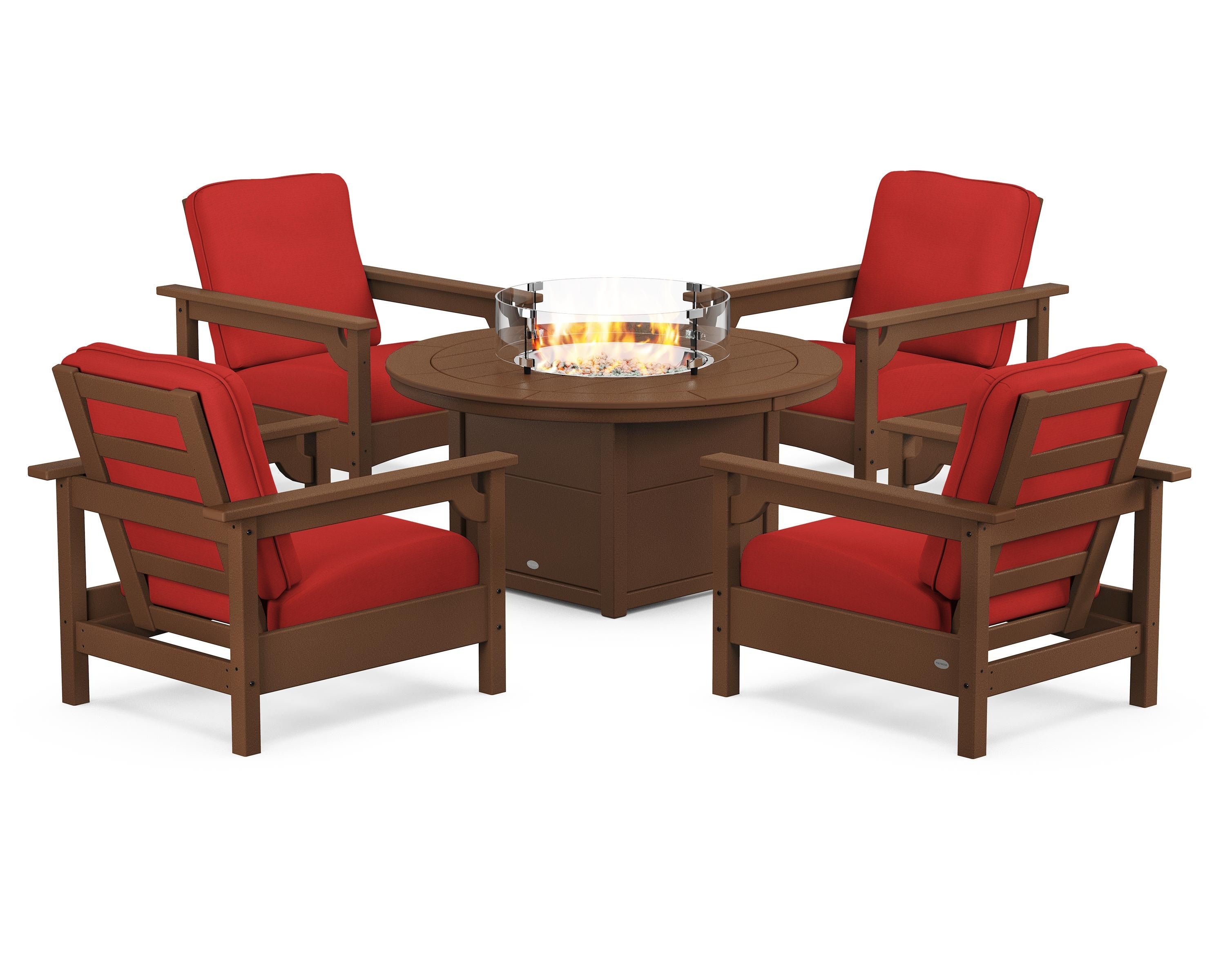 POLYWOOD® Club 5-Piece Conversation Set with Fire Pit Table in Teak / Crimson Linen