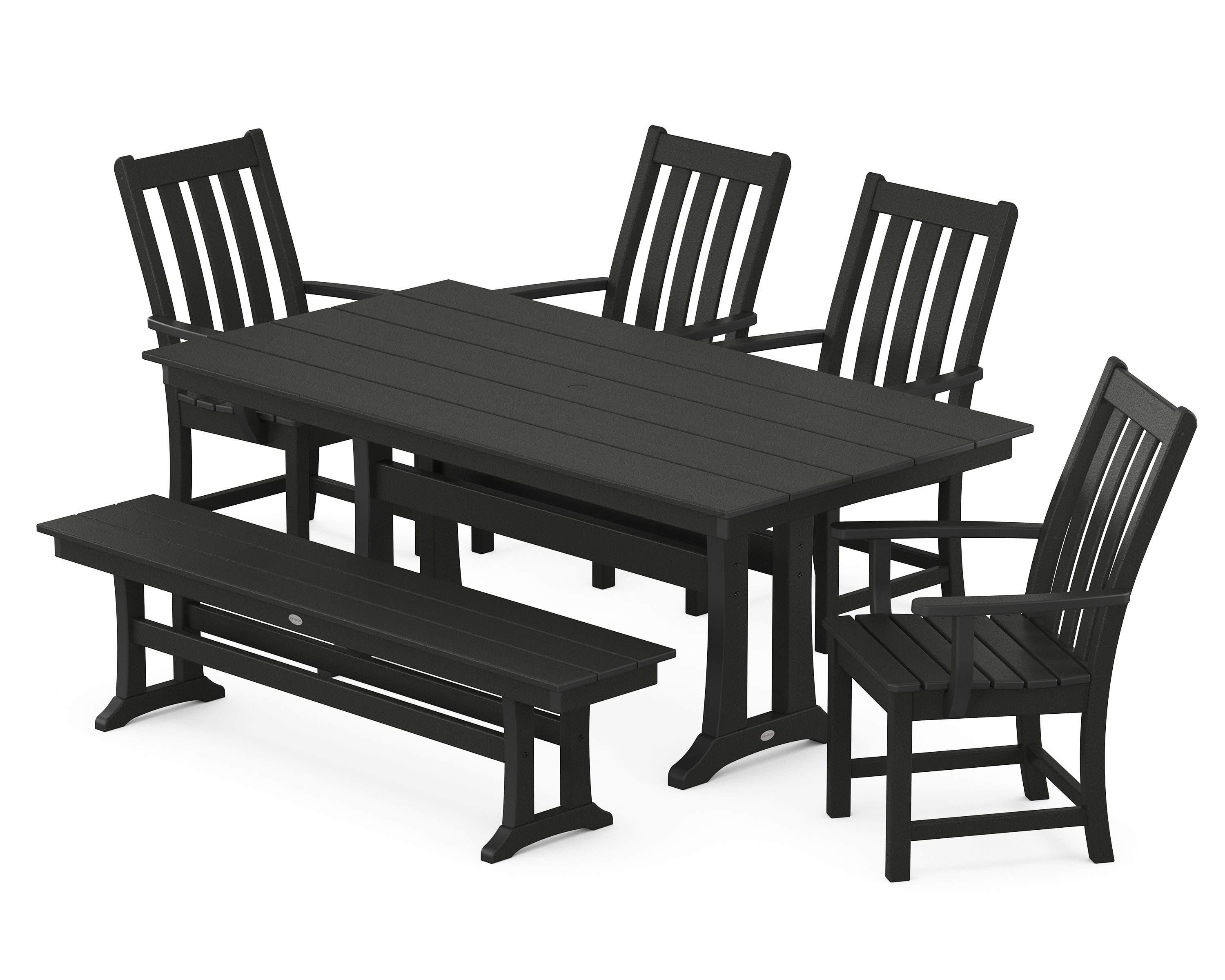 POLYWOOD® Vineyard 6-Piece Arm Chair Farmhouse Dining Set with Trestle Legs and Bench in Black