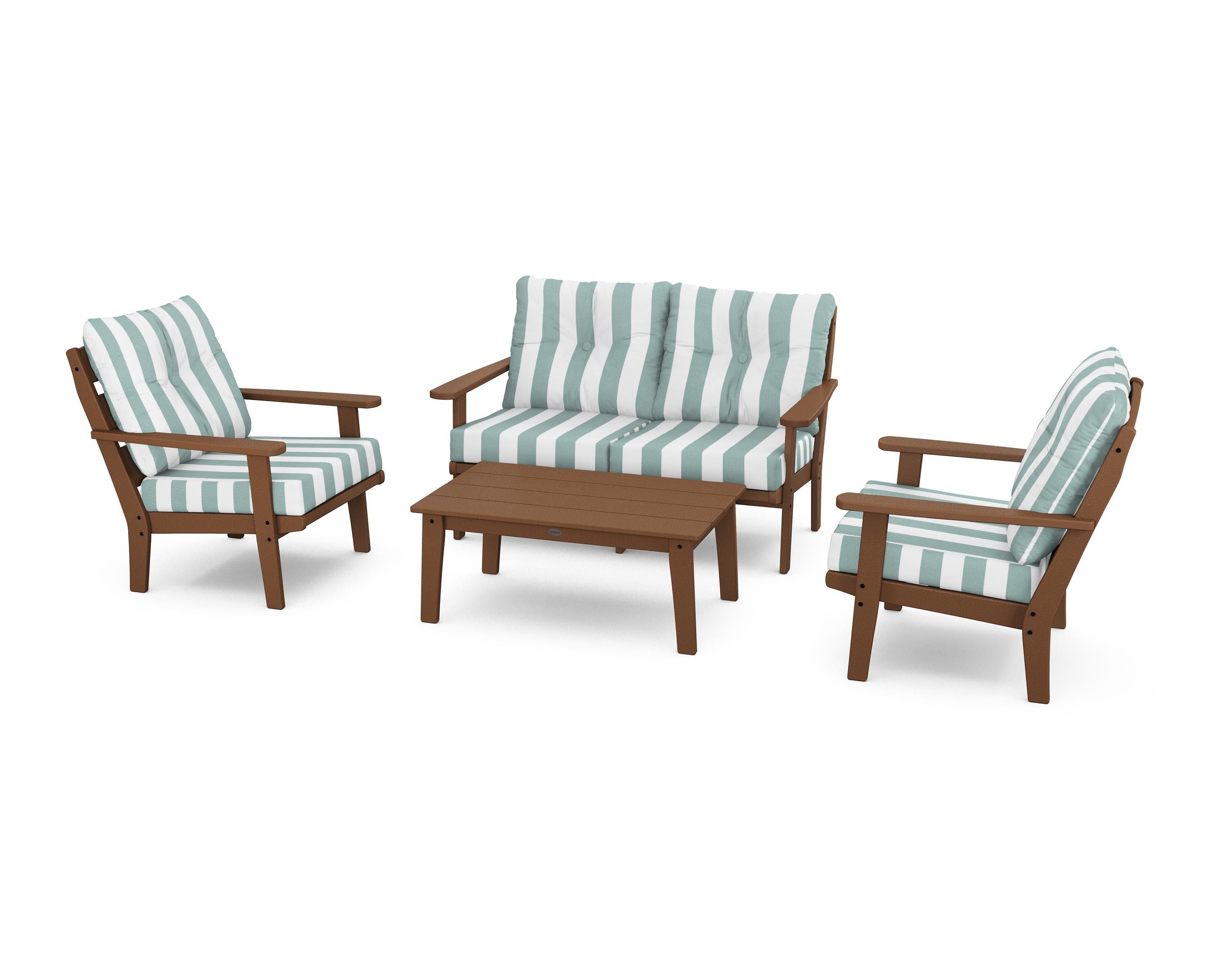 POLYWOOD® Lakeside 4-Piece Deep Seating Set in Teak / Cabana Stripe Glacier Spa