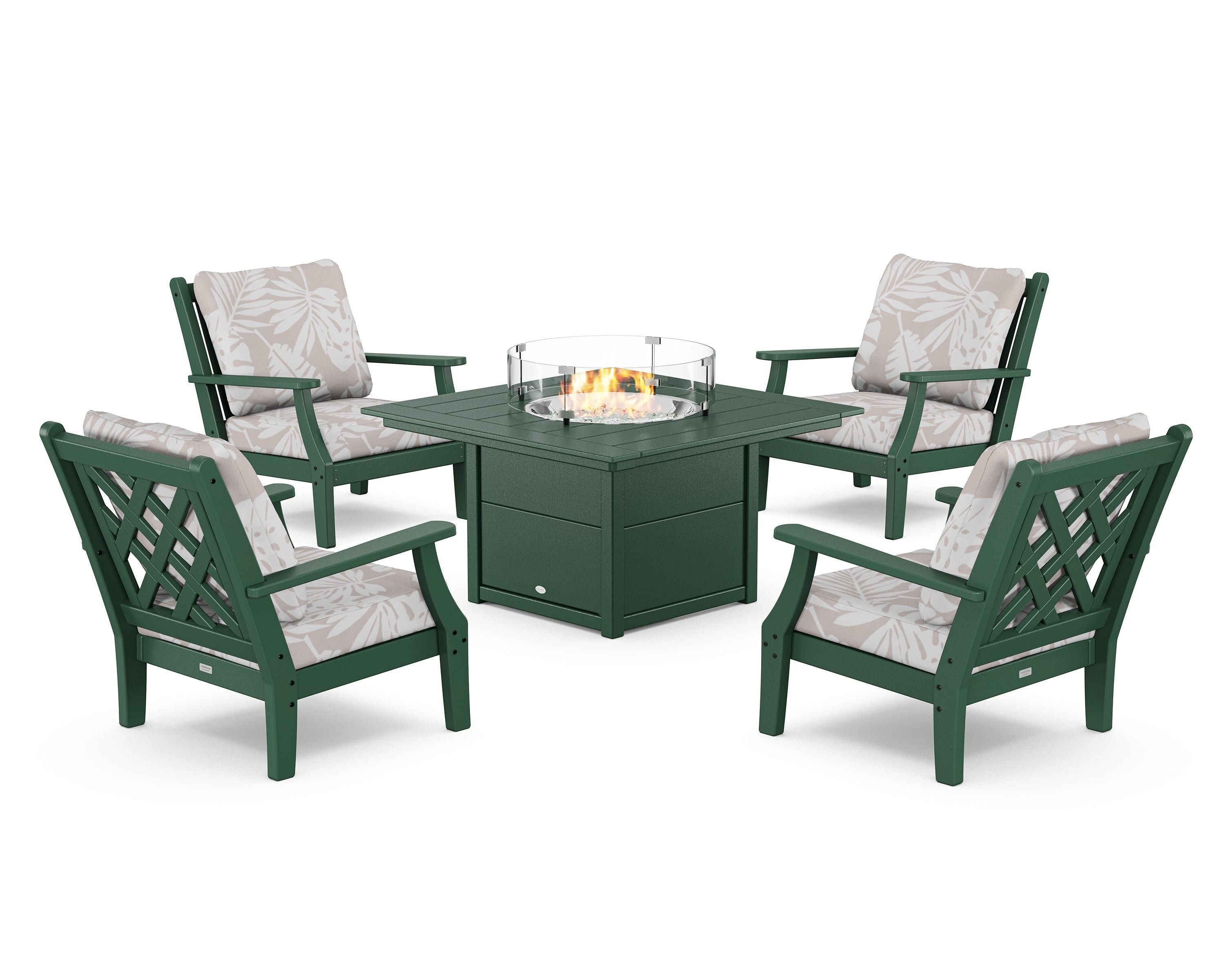 Country Living Wovendale 5-Piece Deep Seating Set with Fire Pit Table in Green / Leaf Dune Burlap