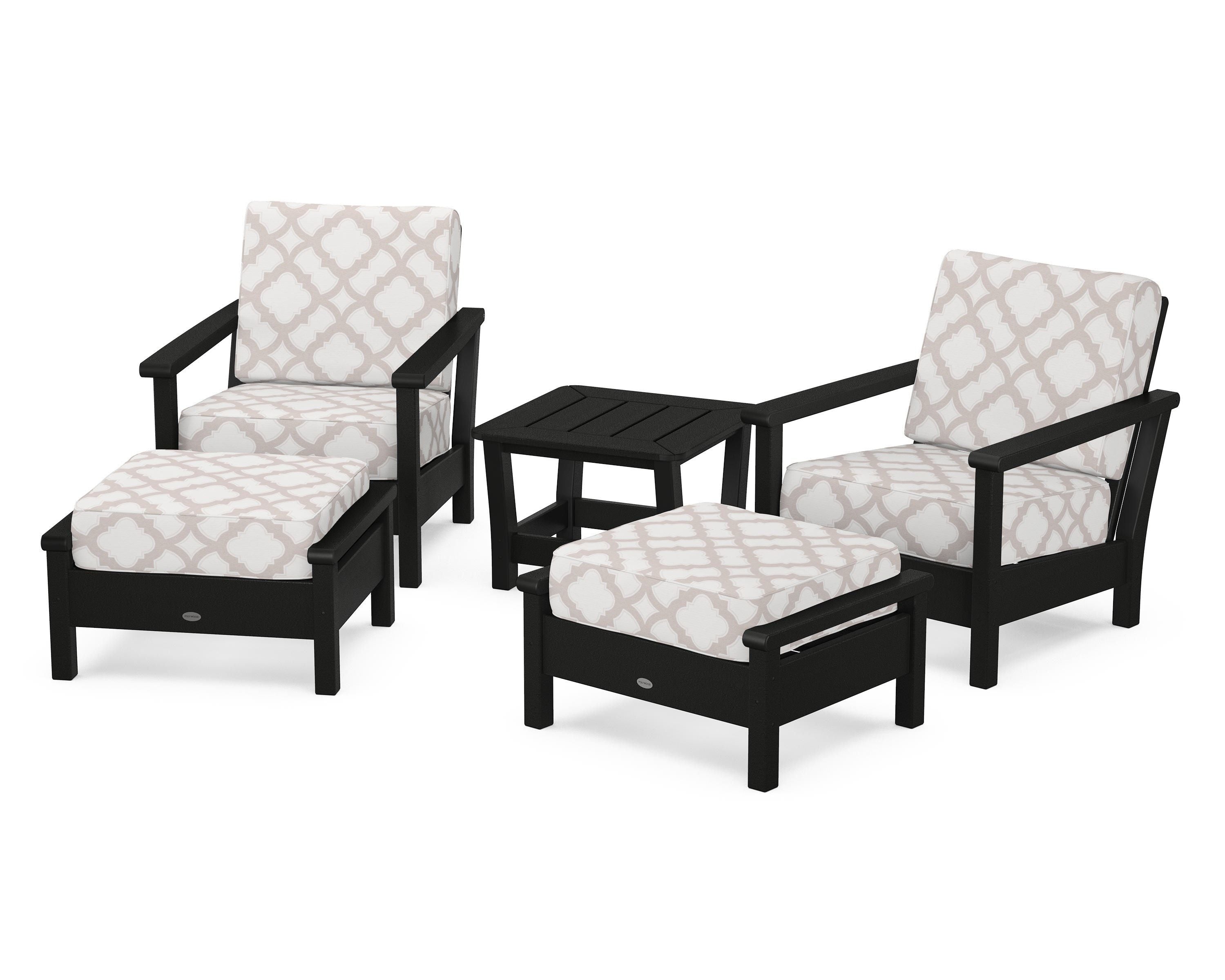 POLYWOOD® Harbour 5-Piece Deep Seating Chair Set in Black / Trellis Dune Burlap