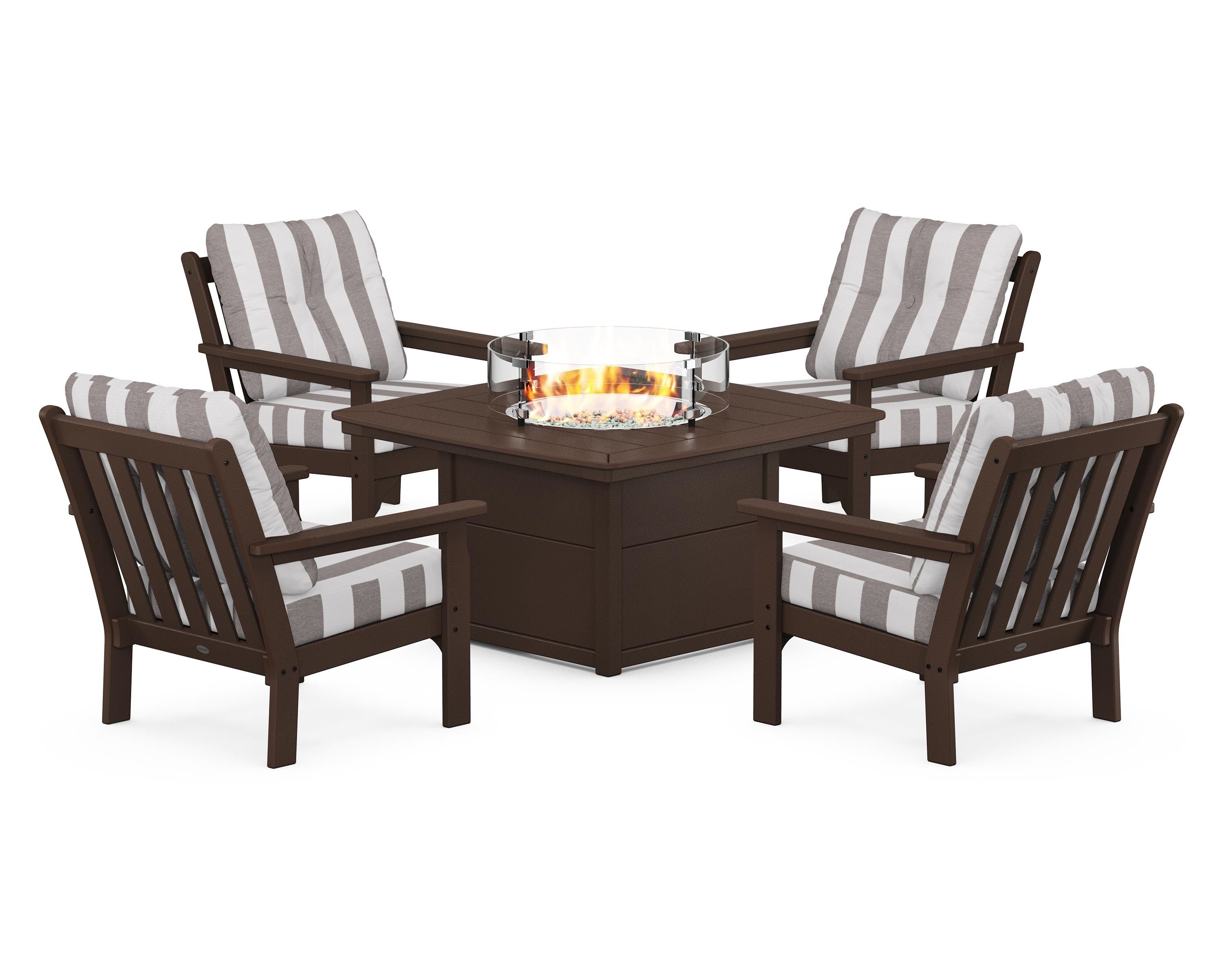 POLYWOOD® Vineyard 5-Piece Conversation Set with Fire Pit Table in Mahogany / Cabana Stripe Grey Mist