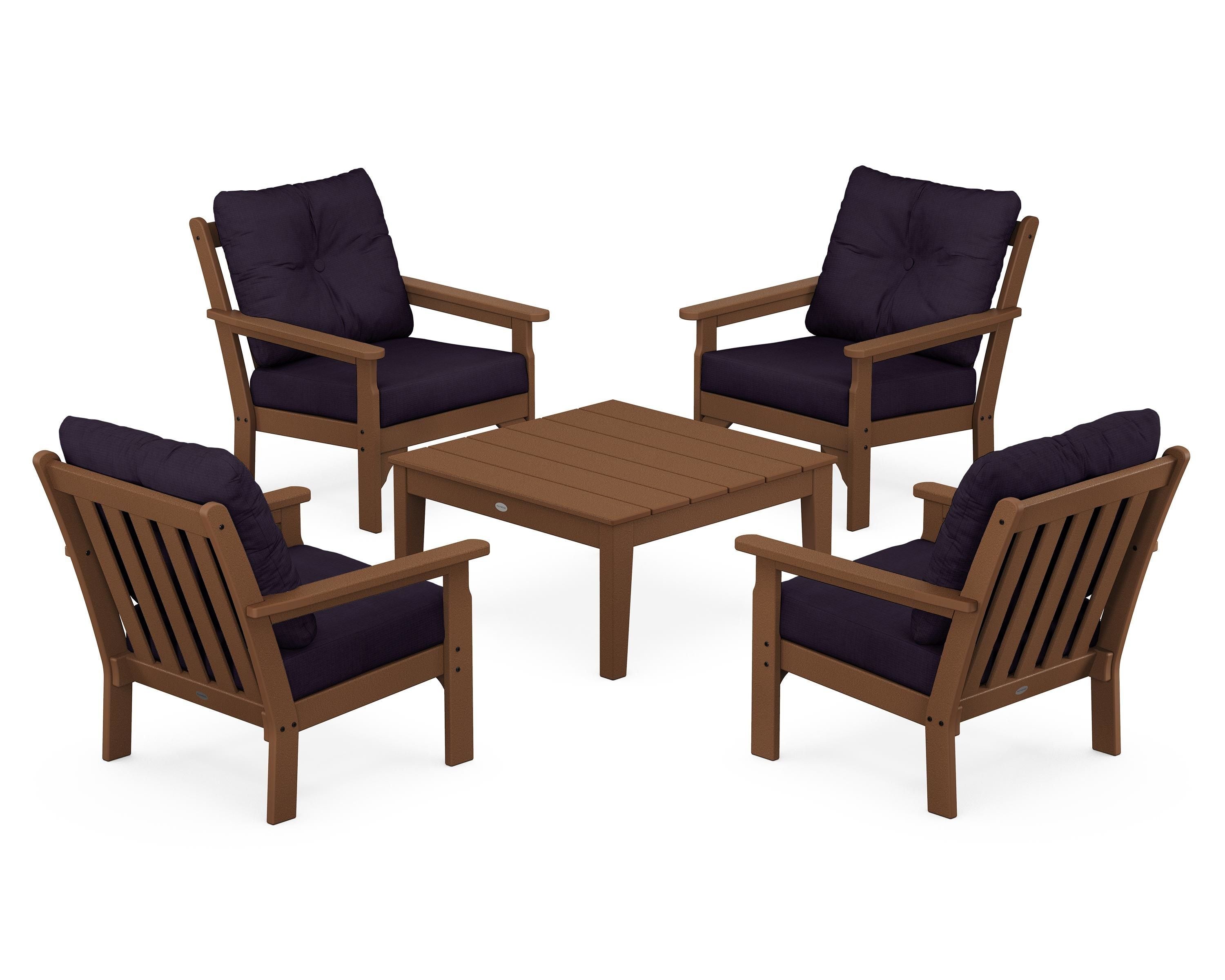 POLYWOOD® Vineyard 5-Piece Deep Seating Conversation Set in Teak / Navy Linen