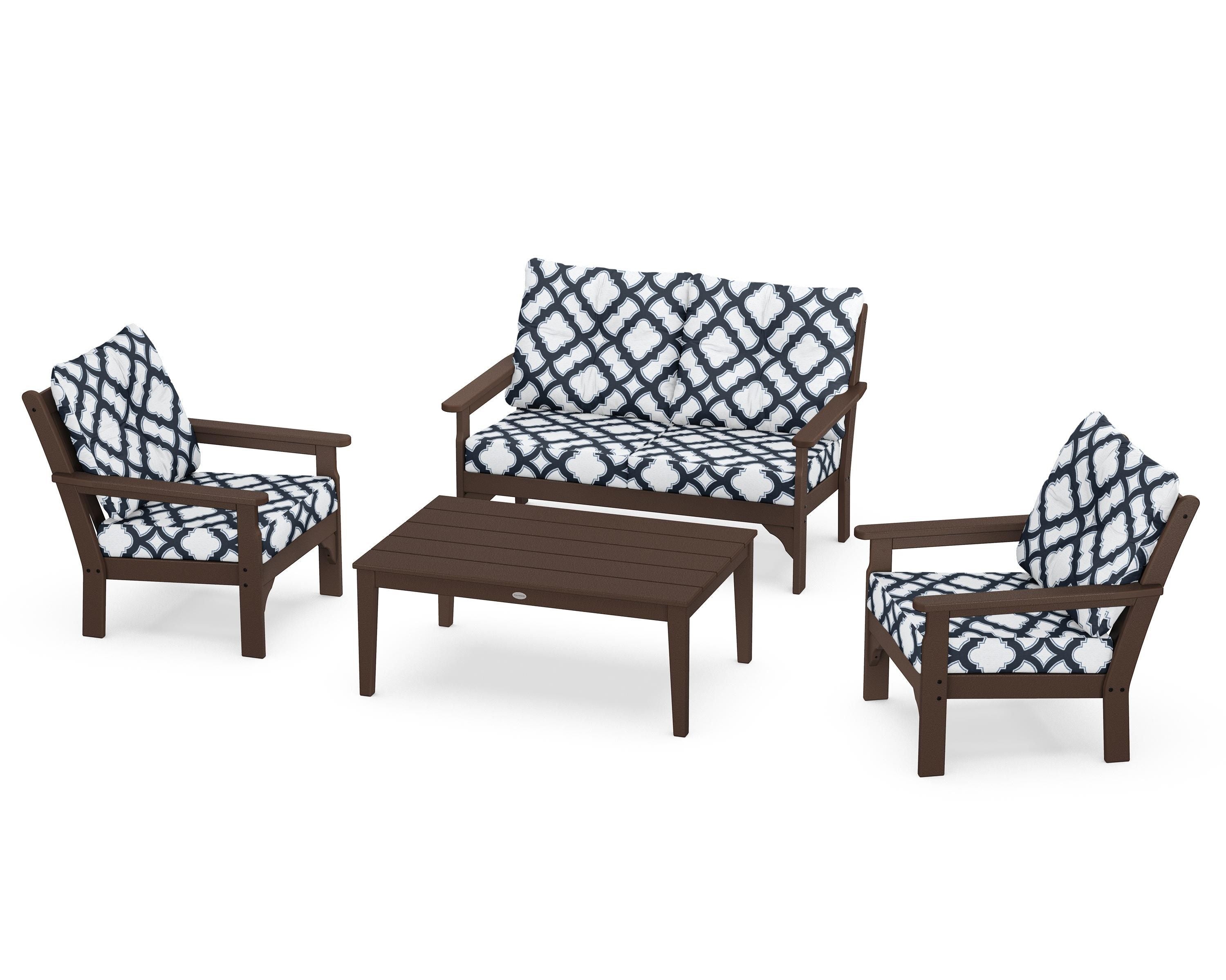 POLYWOOD® Vineyard 4-Piece Deep Seating Set in Mahogany / Trellis Marine Indigo