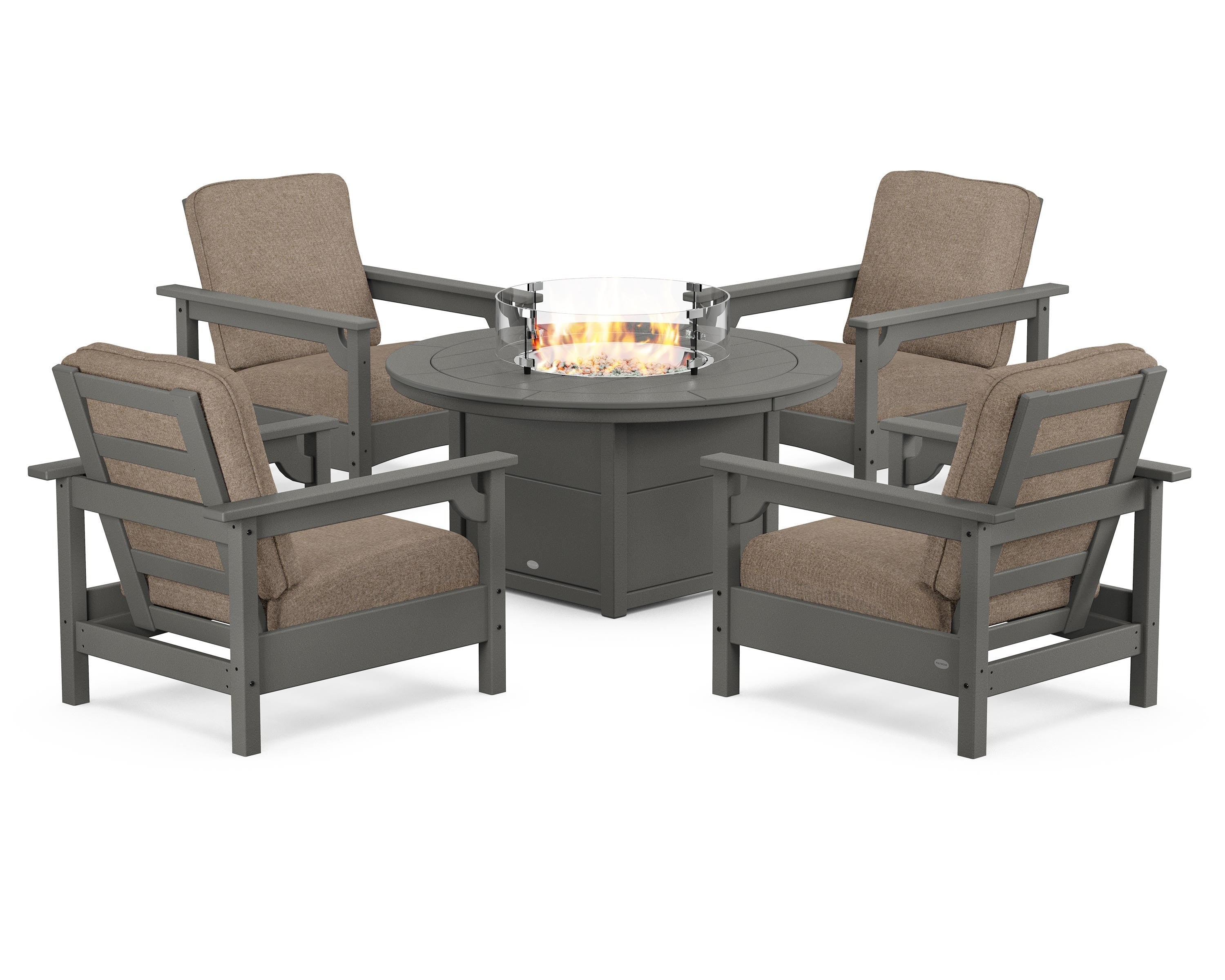 POLYWOOD® Club 5-Piece Conversation Set with Fire Pit Table in Slate Grey / Spiced Burlap