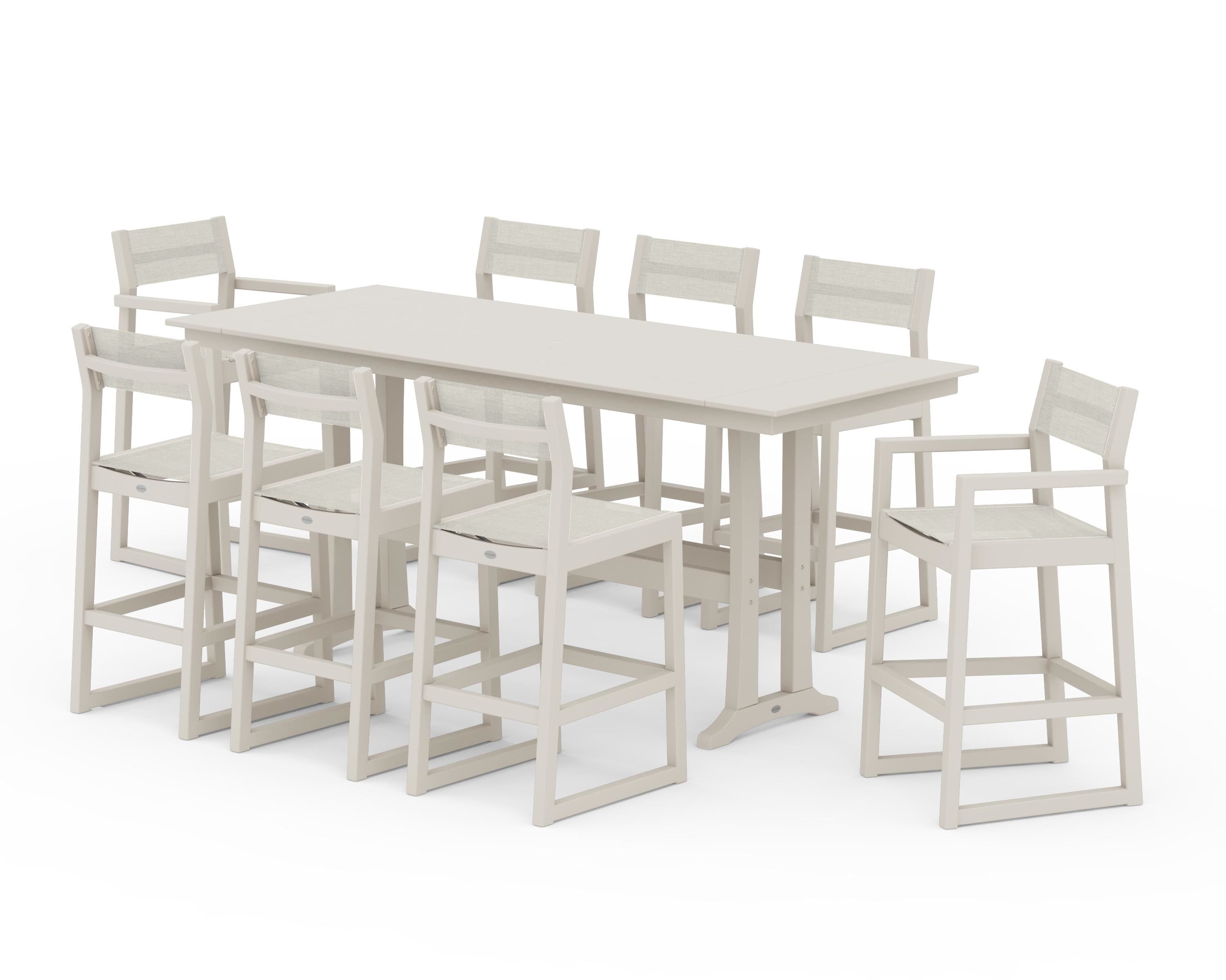 POLYWOOD® EDGE Sling 9-Piece Farmhouse Bar Set with Trestle Legs in Sand / Parchment Sling