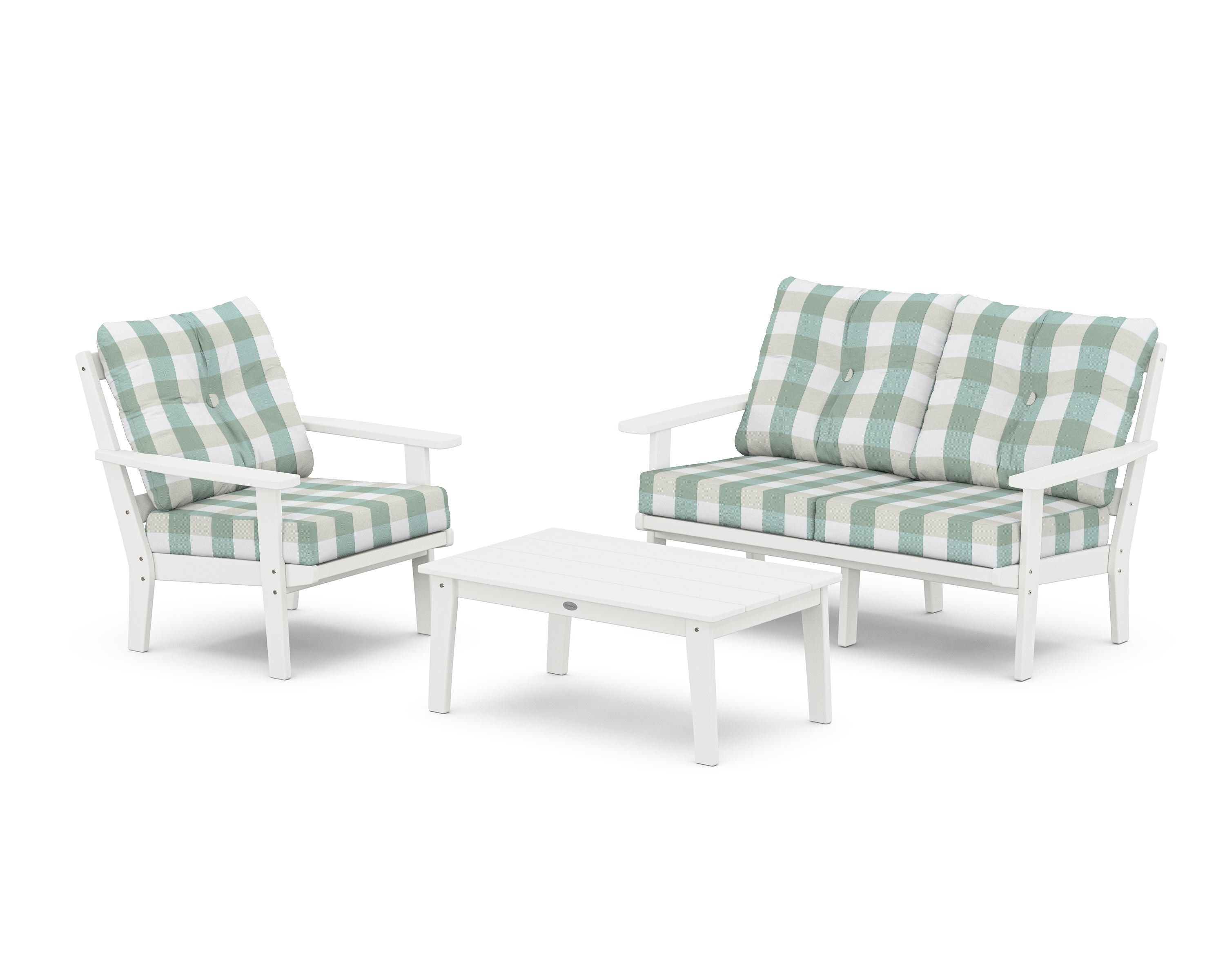 POLYWOOD® Prairie 3-Piece Deep Seating Set with Loveseat in White / Buffalo Plaid Glacier Spa