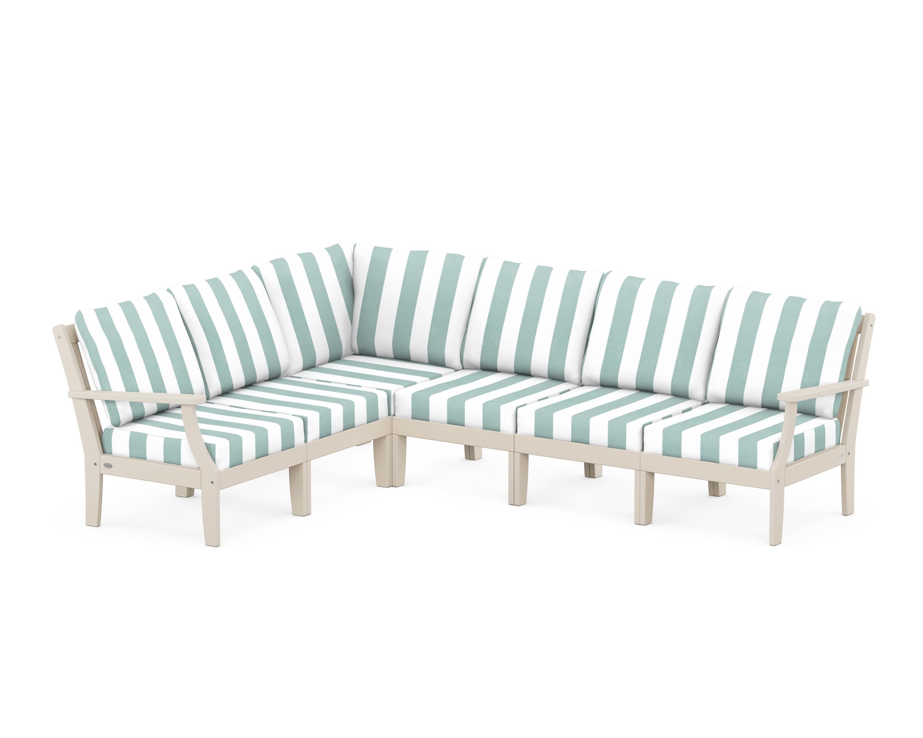 POLYWOOD® Braxton Modular 6-Piece Deep Seating Set in Sand / Cabana Stripe Glacier Spa