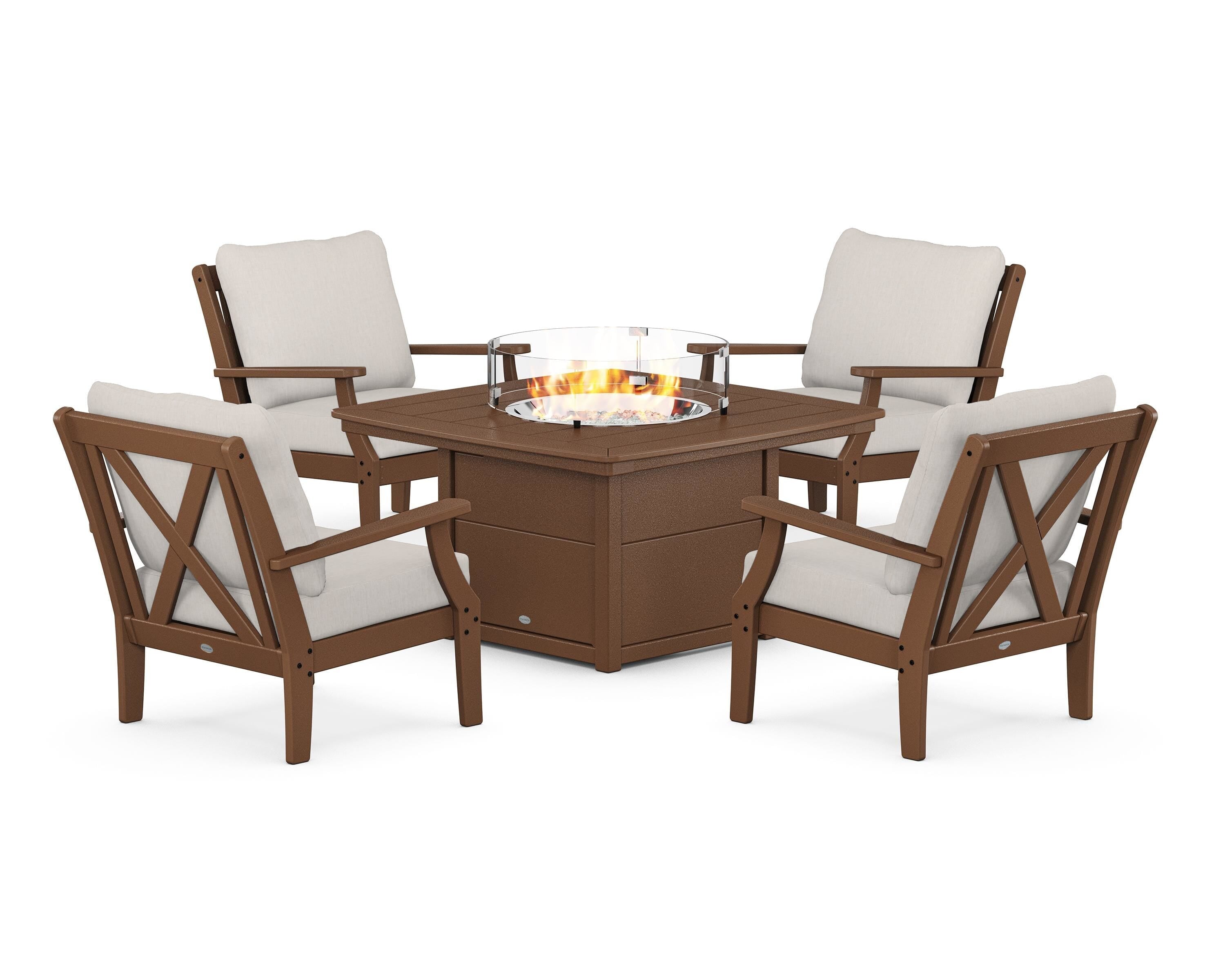 POLYWOOD® Braxton 5-Piece Deep Seating Conversation Set with Fire Pit Table in Teak / Cast Ash