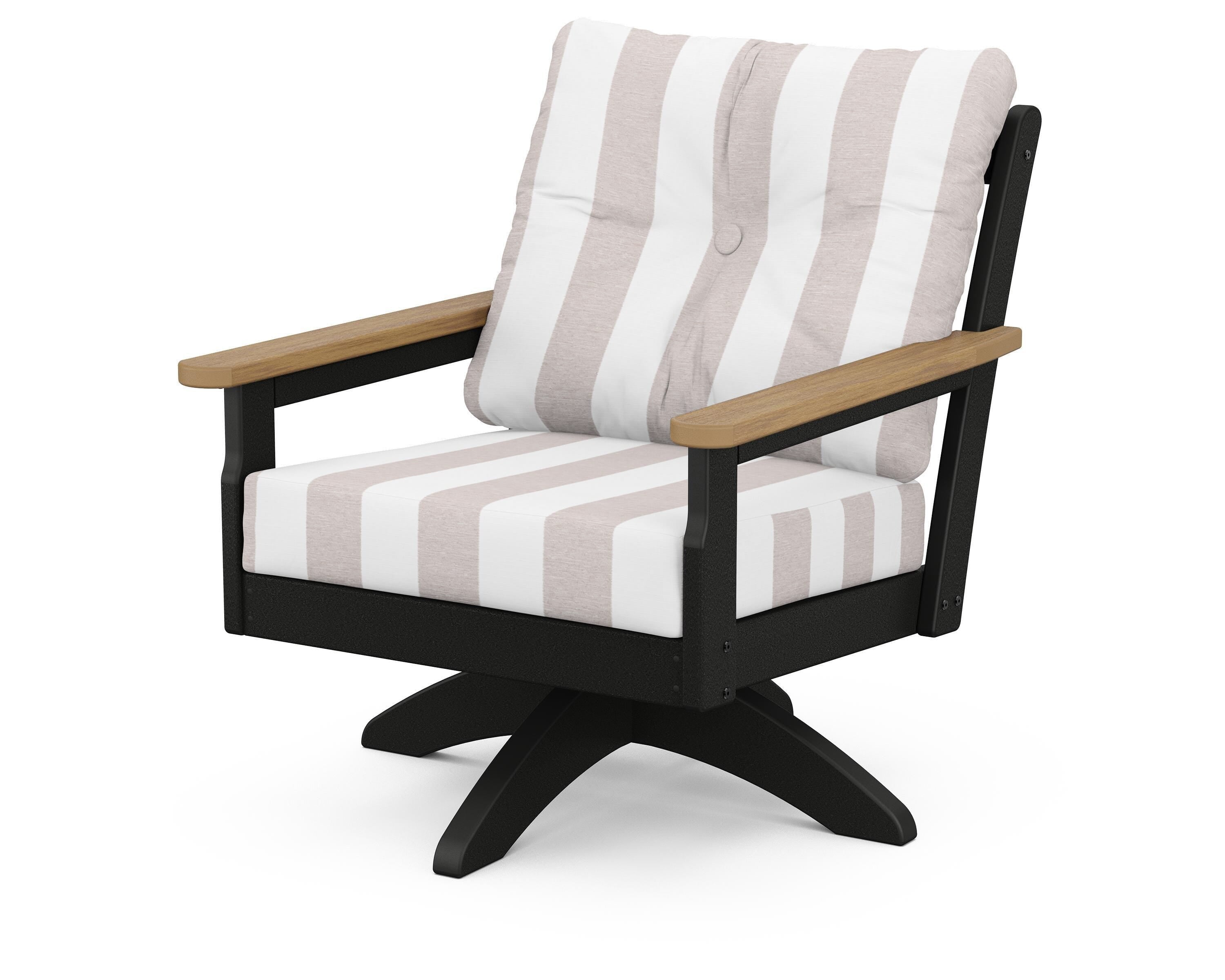 POLYWOOD® Vineyard Deep Seating Swivel Chair in Black / Natural / Cabana Stripe Dune Burlap