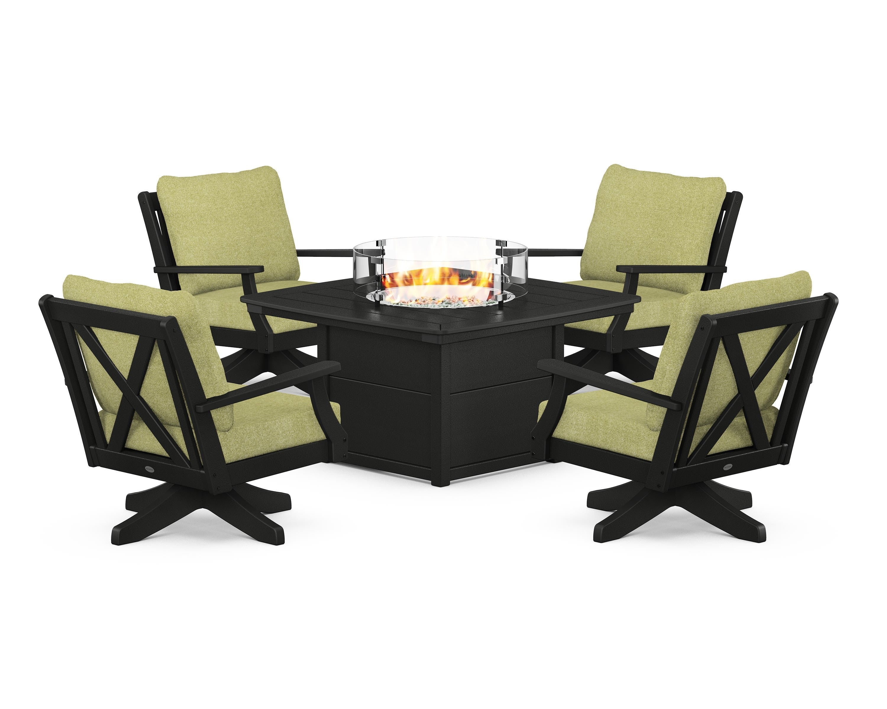 POLYWOOD® Braxton 5-Piece Deep Seating Swivel Conversation Set with Fire Pit Table in Black / Chartreuse Boucle