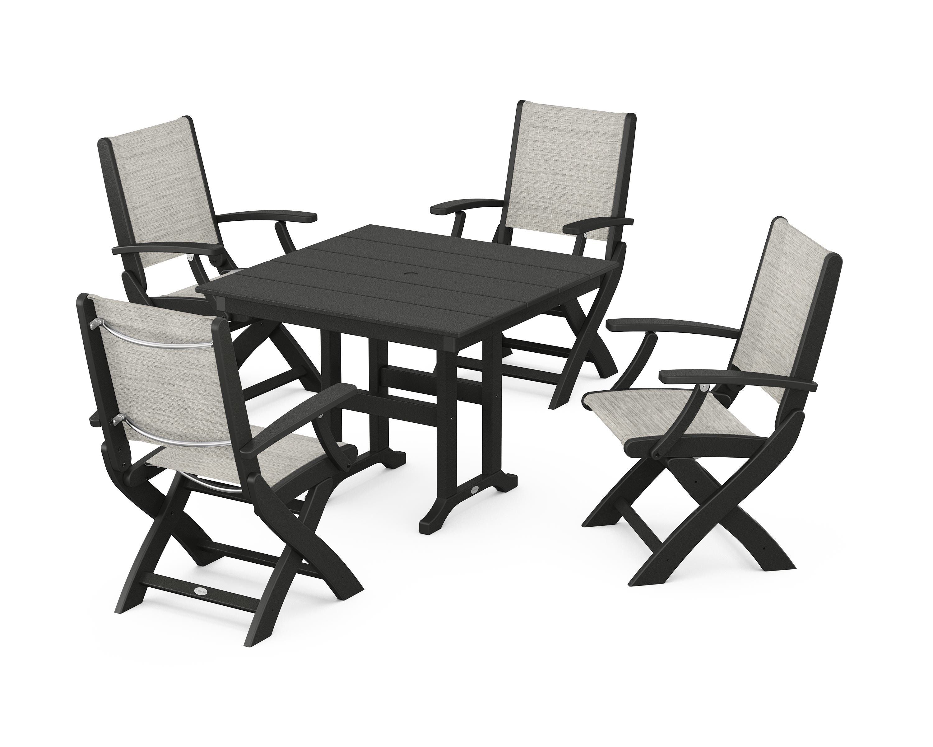 POLYWOOD® Coastal Folding Chair 5-Piece Farmhouse Dining Set in Black / Birch Sling