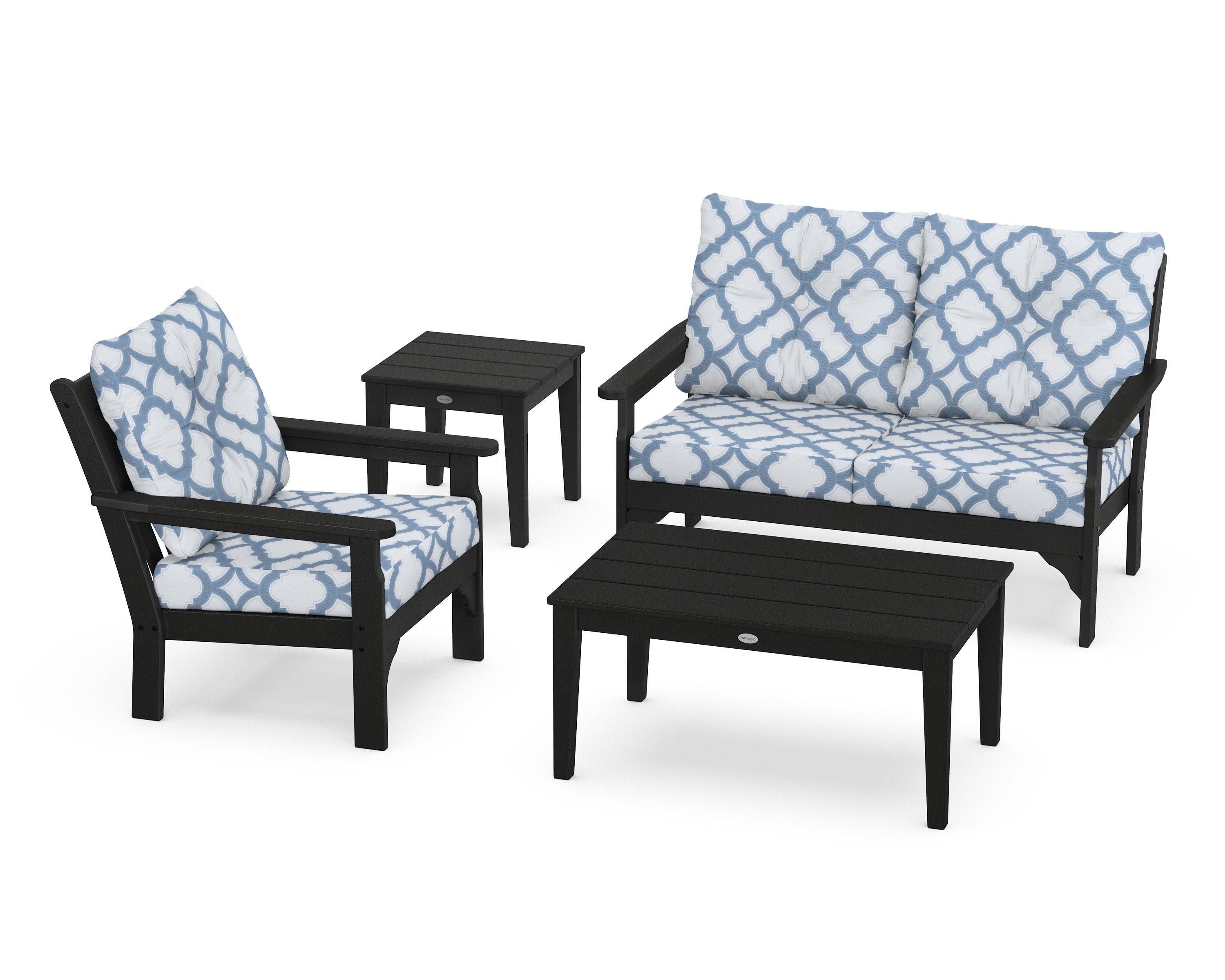POLYWOOD® Vineyard 4-Piece Deep Seating Set in Black / Trellis Sky Blue