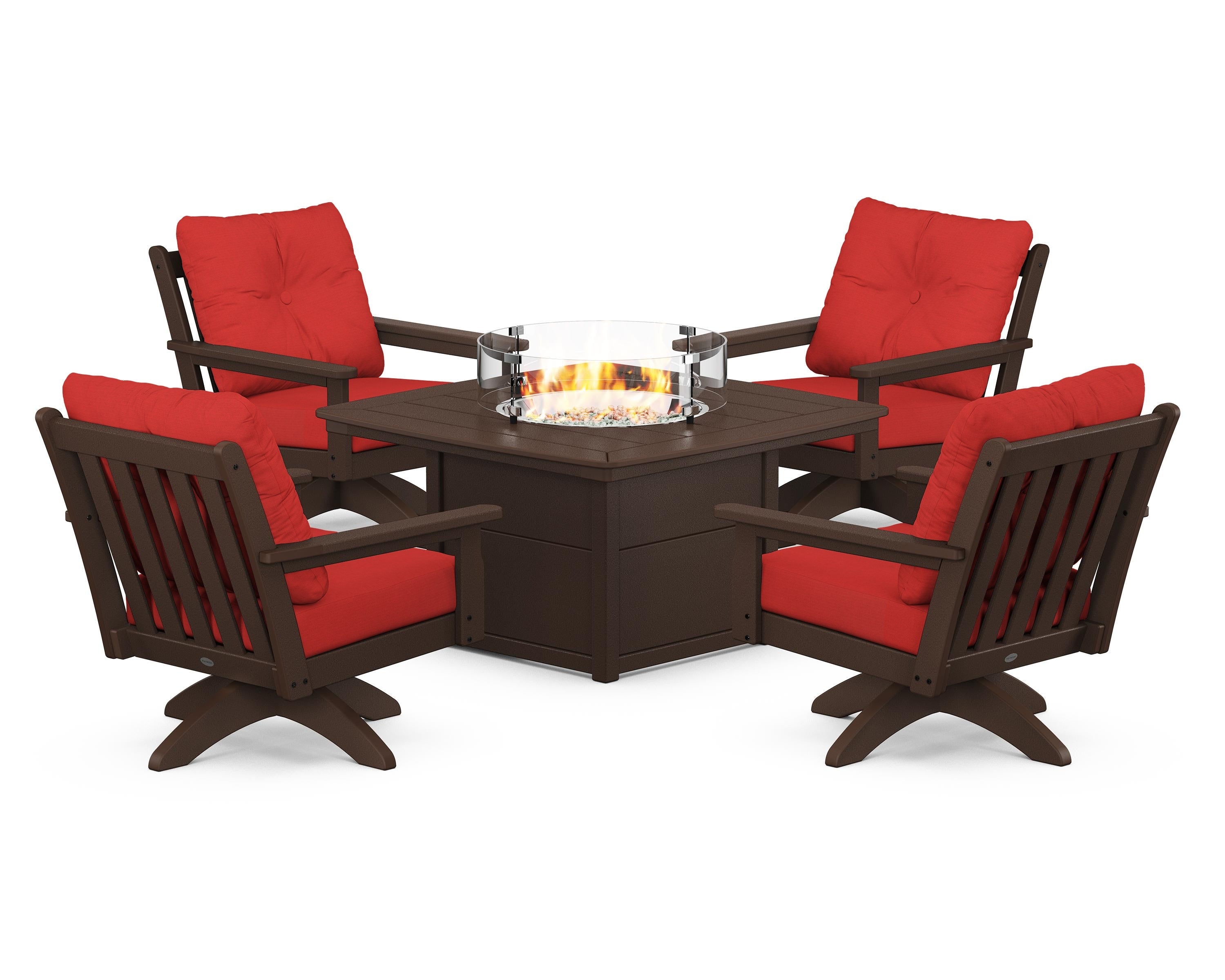POLYWOOD® Vineyard 5-Piece Deep Seating Swivel Conversation Set with Fire Pit Table in Mahogany / Crimson Linen