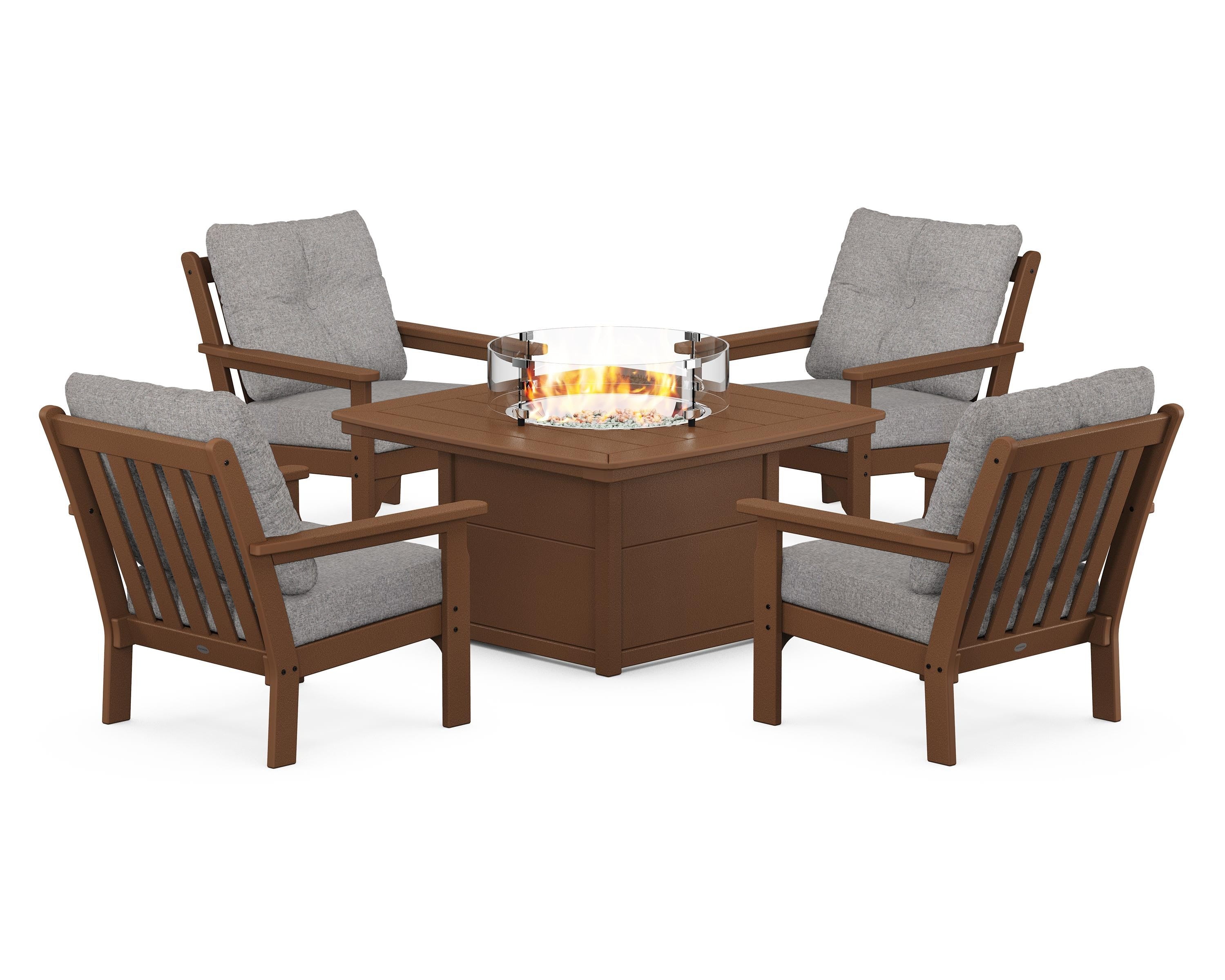 POLYWOOD® Vineyard 5-Piece Conversation Set with Fire Pit Table in Teak / Grey Mist