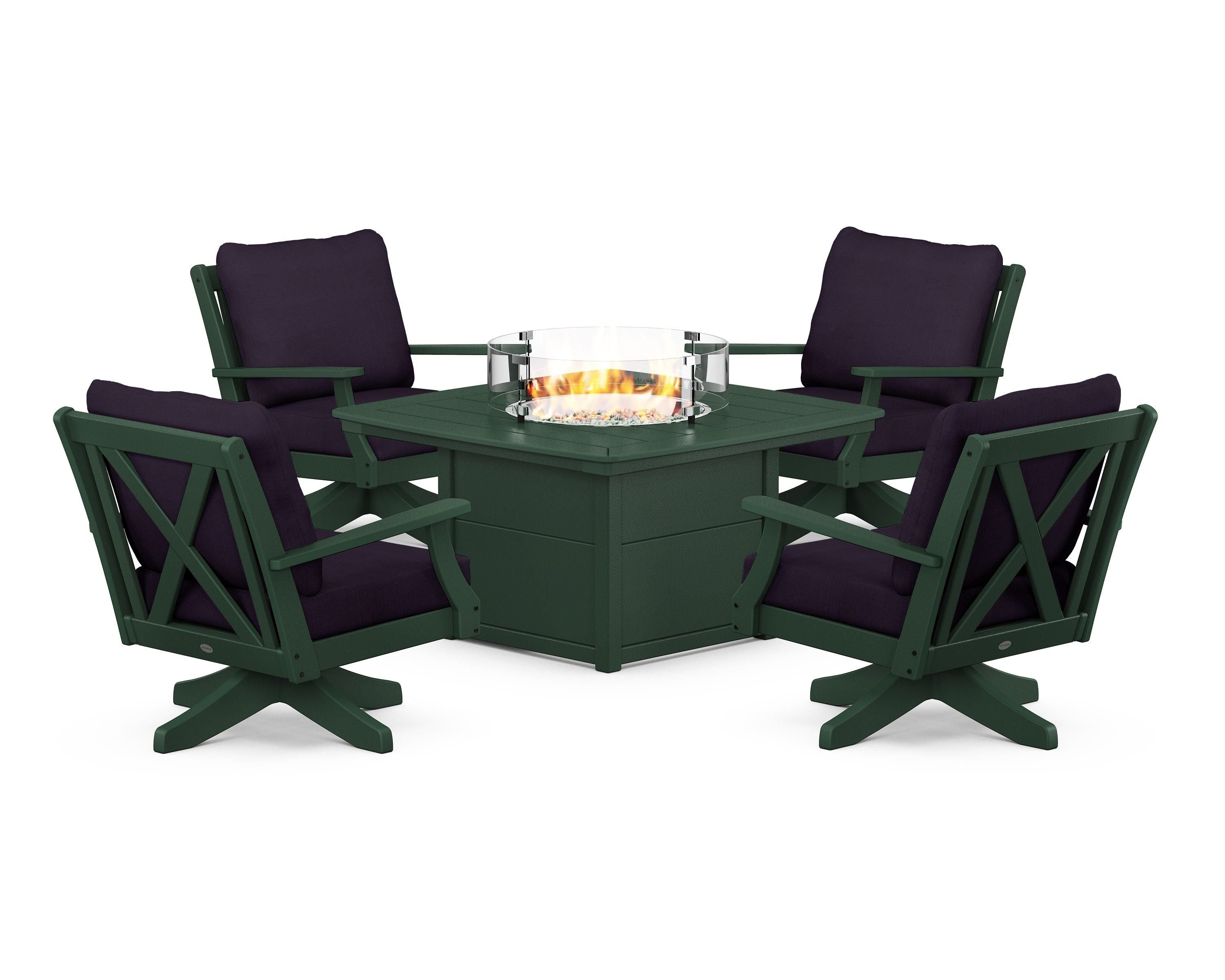 POLYWOOD® Braxton 5-Piece Deep Seating Swivel Conversation Set with Fire Pit Table in Green / Navy Linen