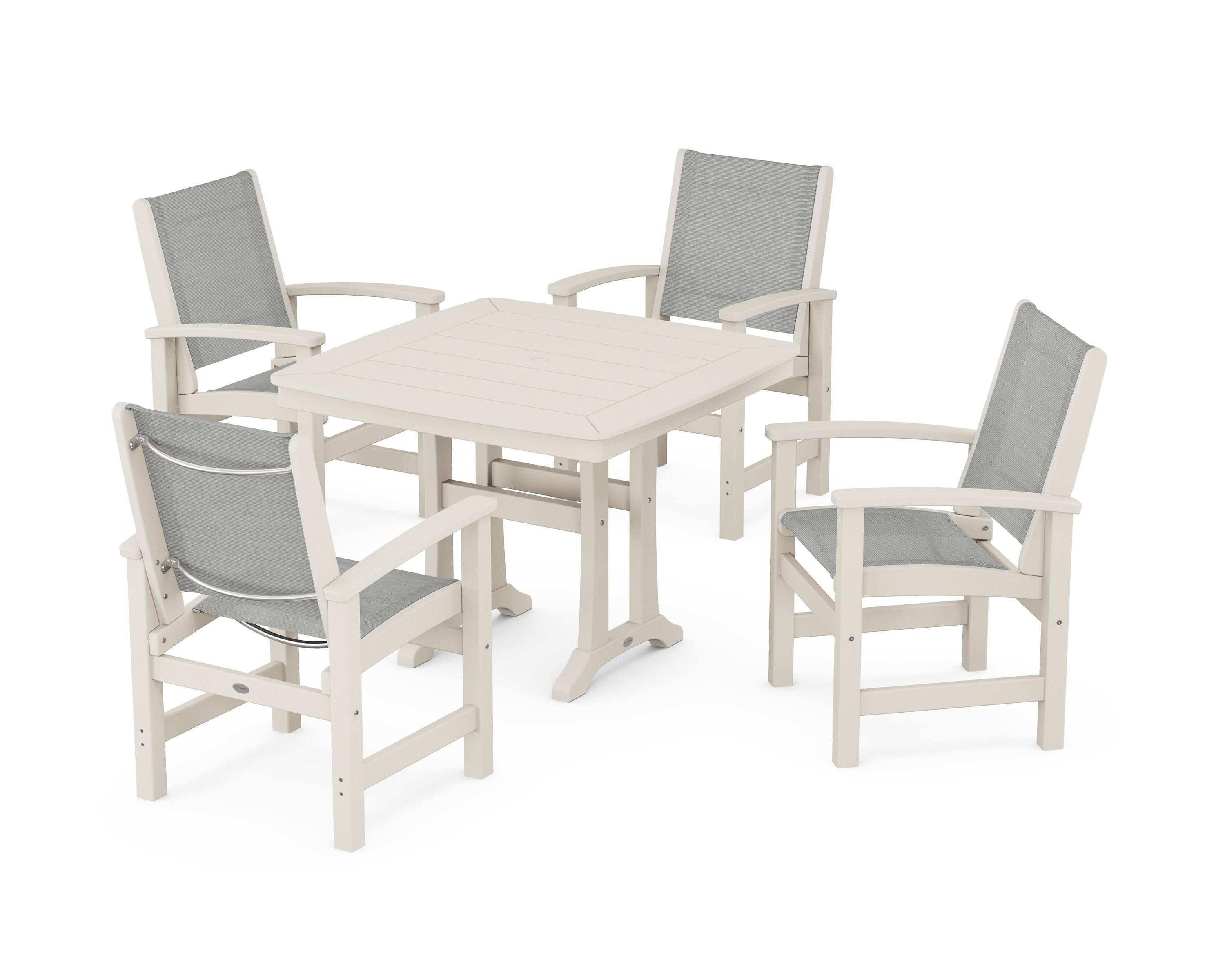 POLYWOOD® Coastal 5-Piece Dining Set with Trestle Legs in Sand / Metallic Sling