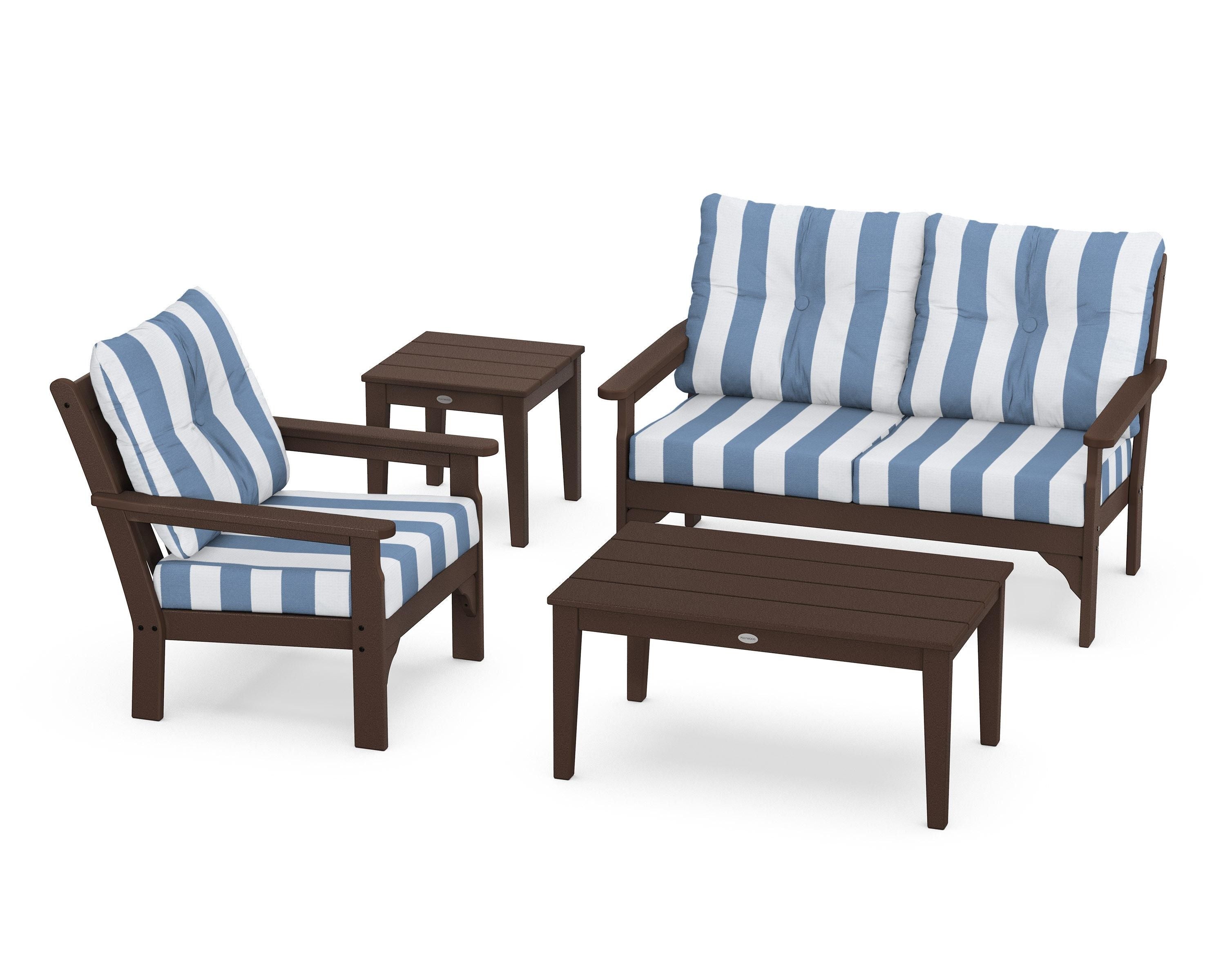 POLYWOOD® Vineyard 4-Piece Deep Seating Set in Mahogany / Cabana Stripe Sky Blue