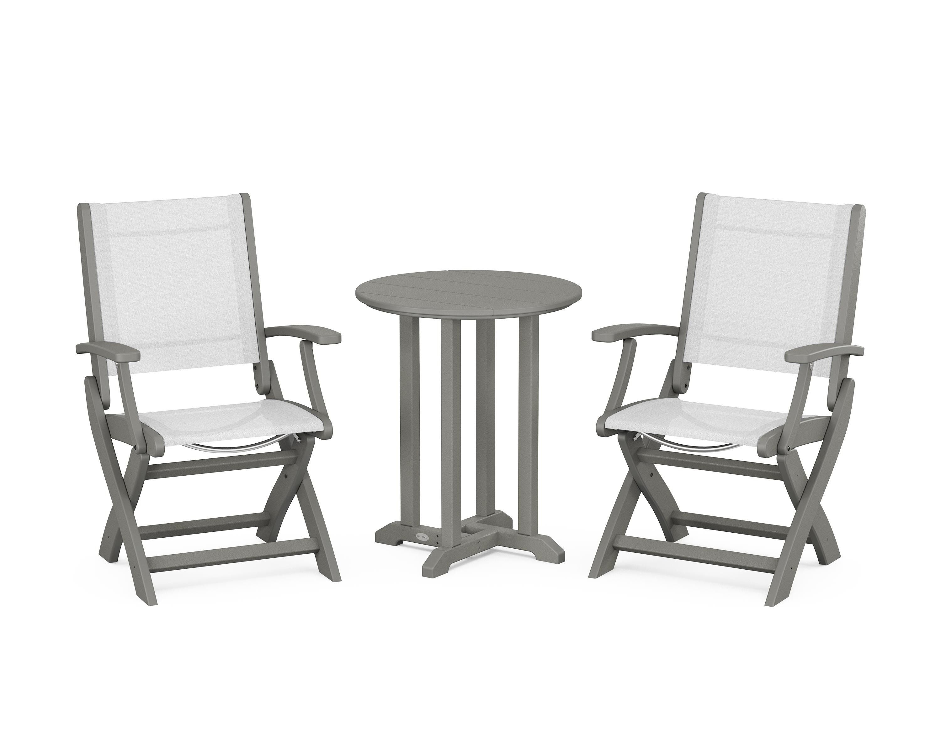 POLYWOOD® Coastal Folding 3-Piece Round Bistro Dining Set in Slate Grey / White Sling