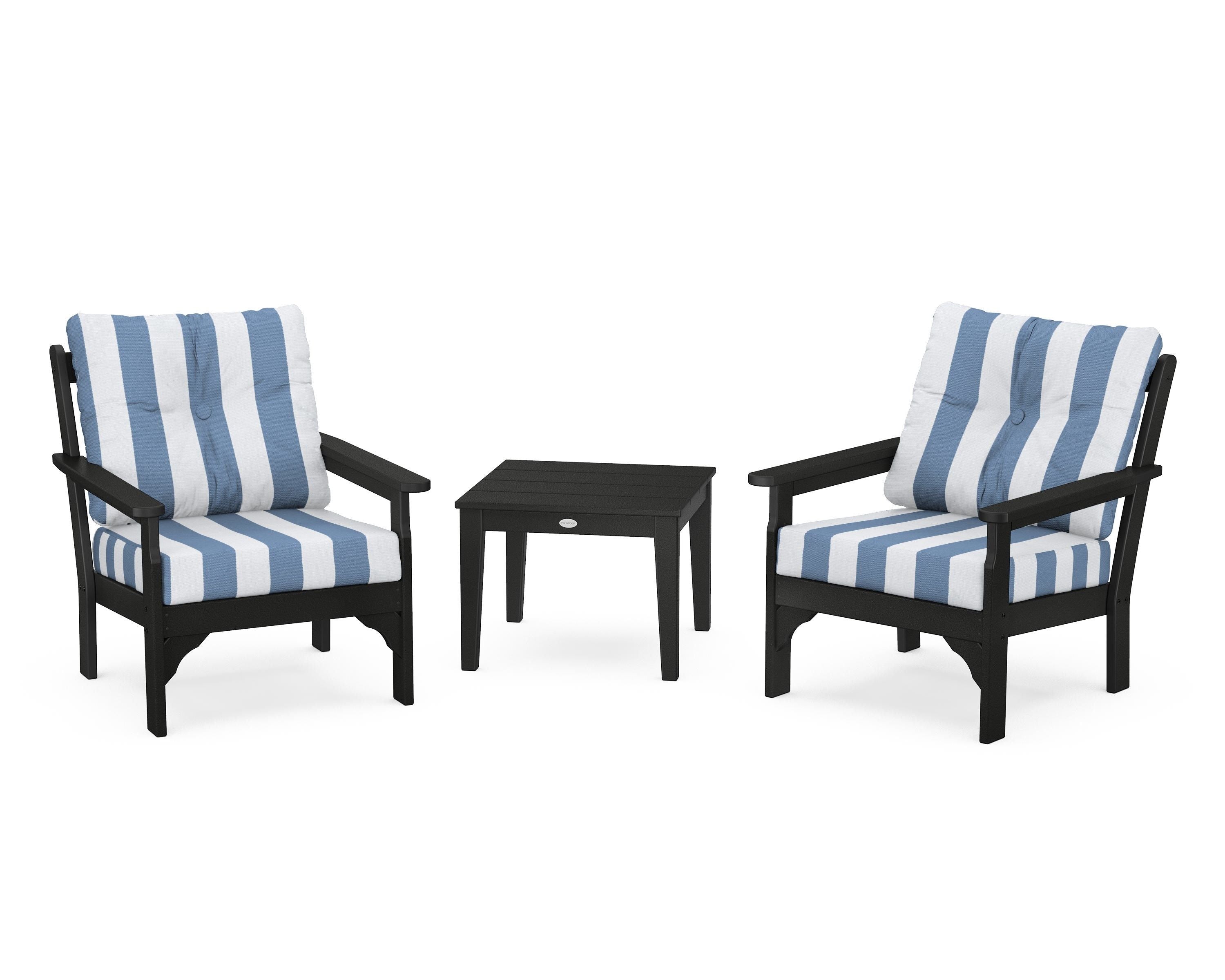 POLYWOOD® Vineyard 3-Piece Deep Seating Set in Black / Cabana Stripe Sky Blue