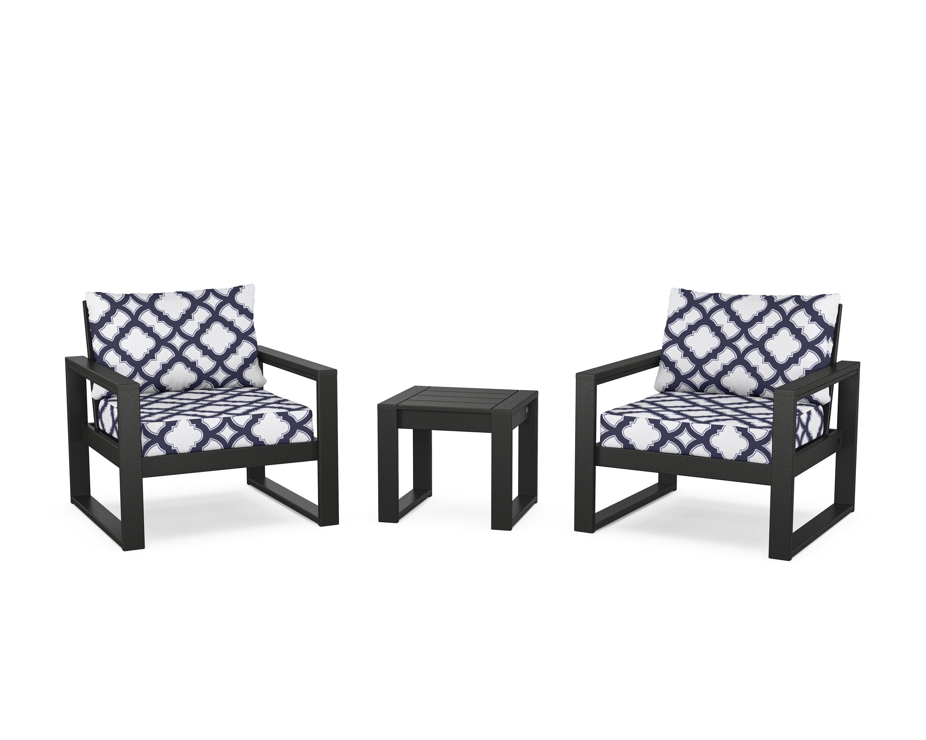 POLYWOOD® EDGE Sectional 3-Piece Deep Seating Set in Black / Trellis Navy