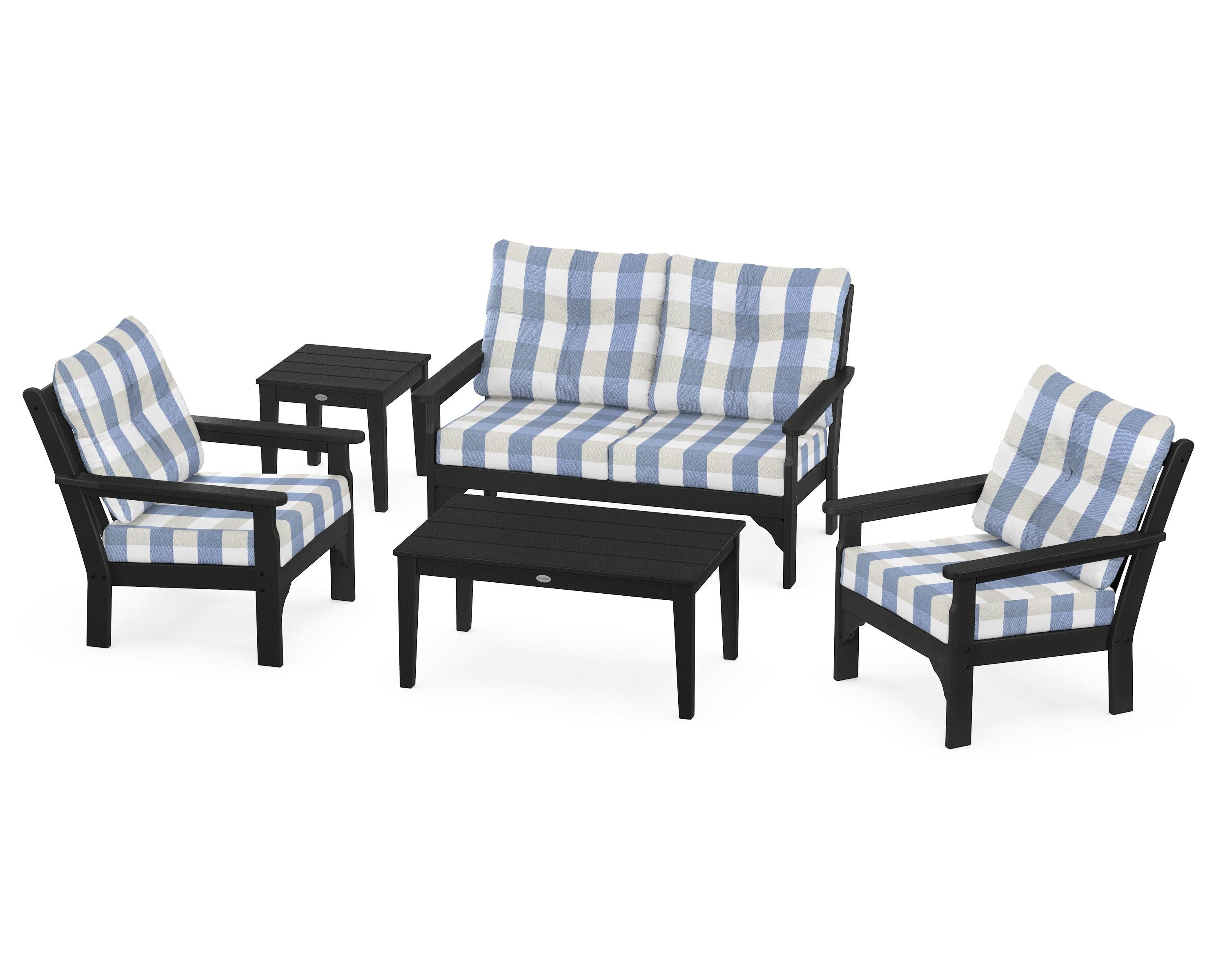 POLYWOOD® Vineyard 5-Piece Deep Seating Set in Black / Buffalo Plaid Sky Blue