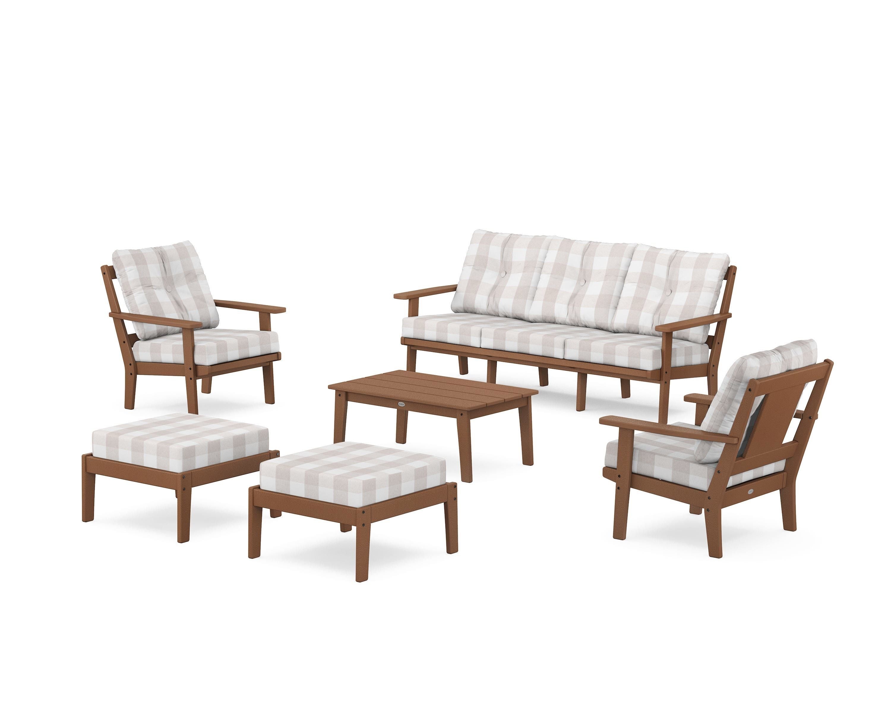 POLYWOOD® Prairie 6-Piece Lounge Sofa Set in Teak / Buffalo Plaid Dune Burlap