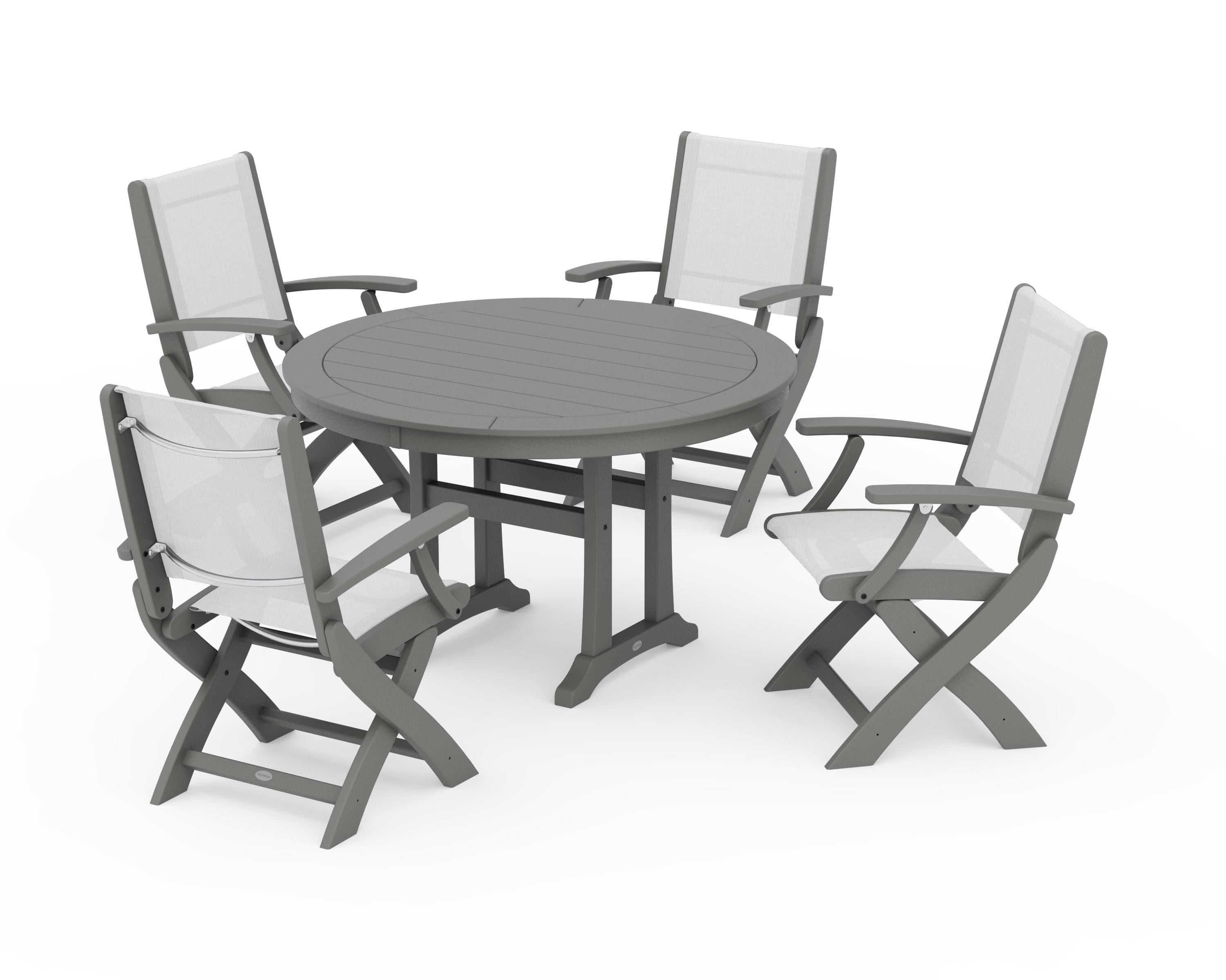 POLYWOOD® Coastal Folding Chair 5-Piece Round Dining Set with Trestle Legs in Slate Grey / White Sling