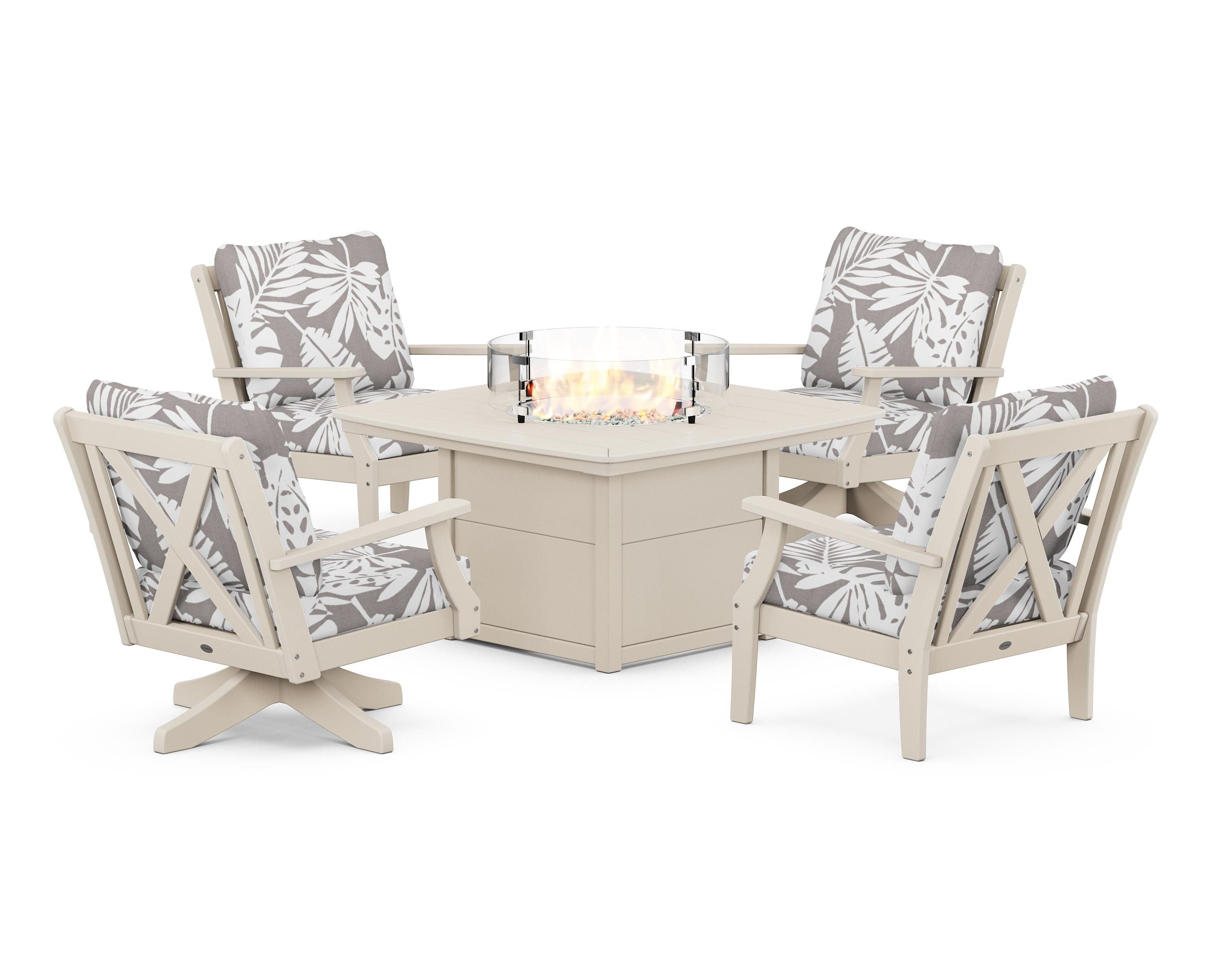 POLYWOOD® Braxton 5-Piece Deep Seating Set with Fire Table in Sand / Leaf Grey Mist