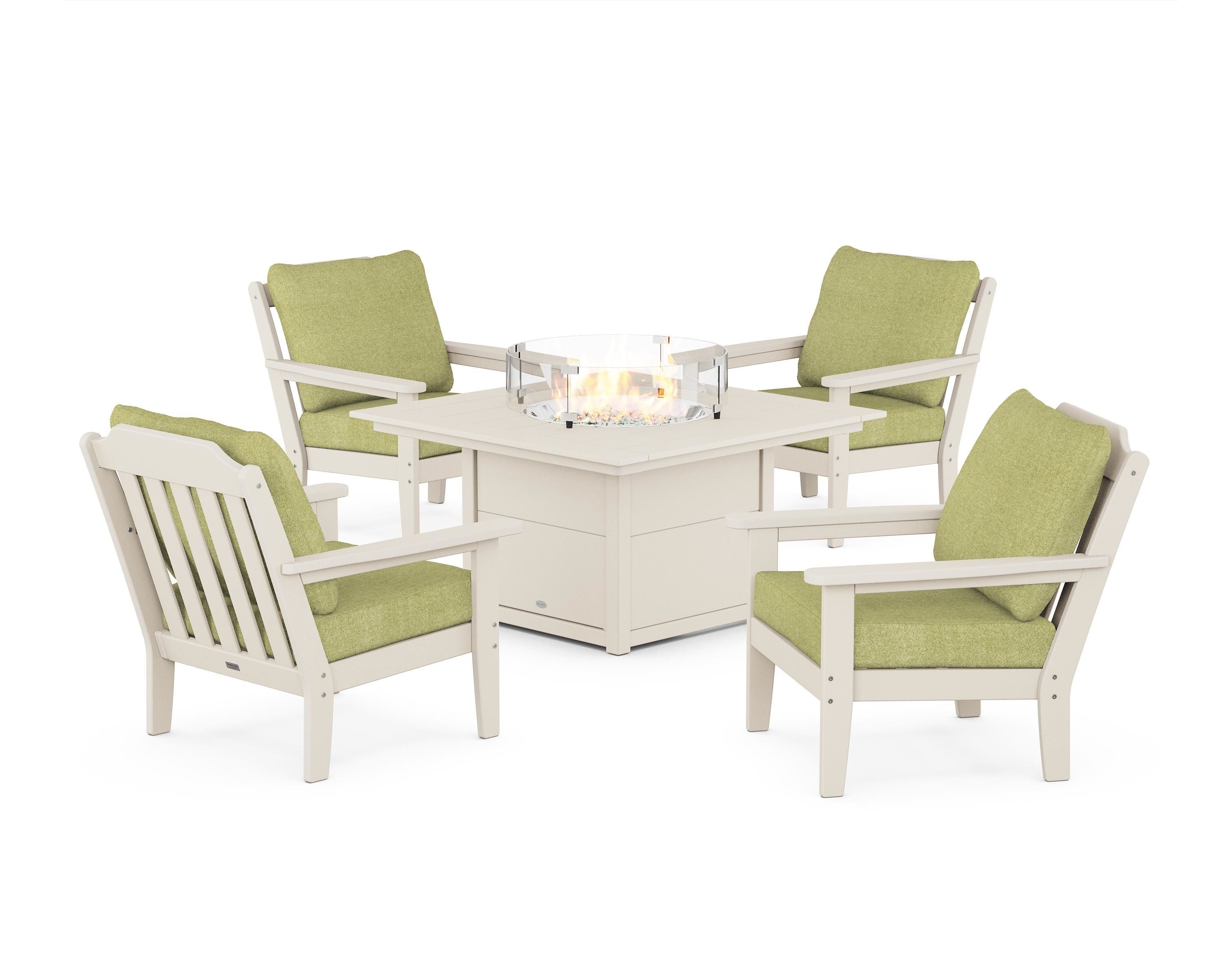 Country Living Cottage 5-Piece Deep Seating Set with Fire Pit Table in Sand / Chartreuse Boucle
