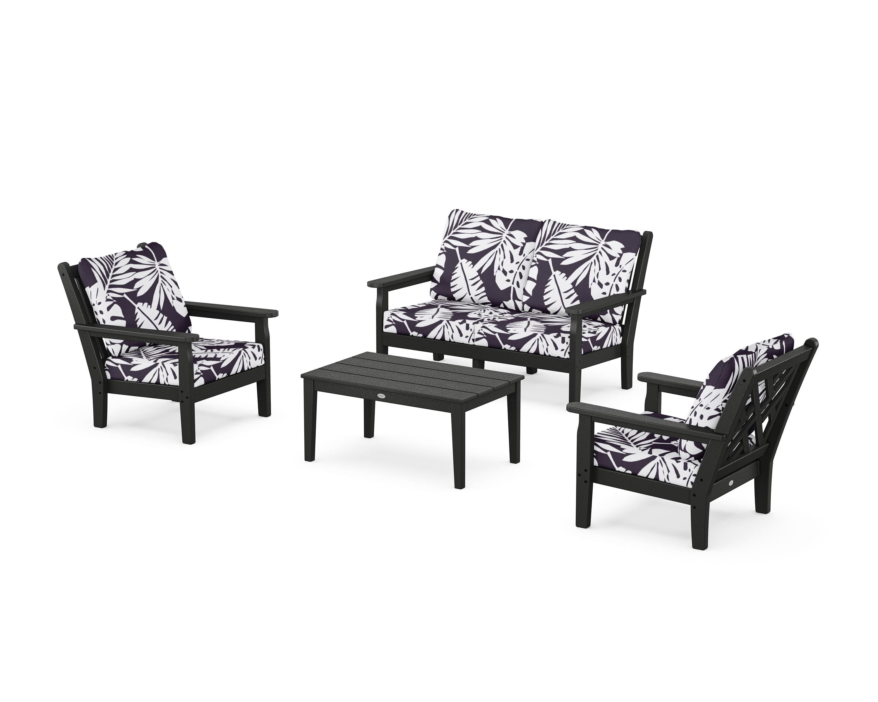 POLYWOOD® Chippendale 4-Piece Deep Seating Set with Loveseat in Black / Leaf Navy