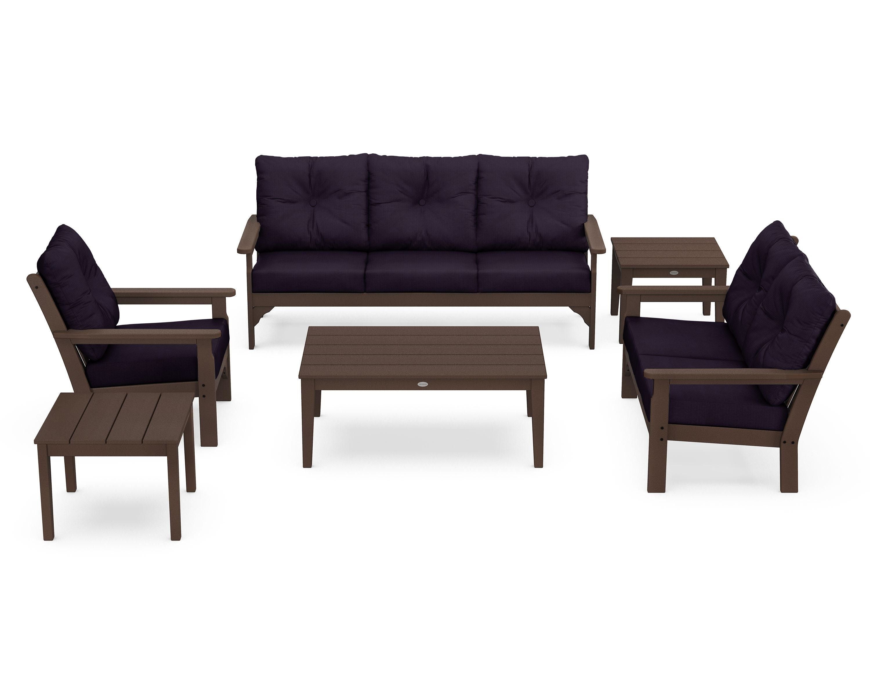 POLYWOOD® Vineyard 6-Piece Deep Seating Set in Mahogany / Navy Linen