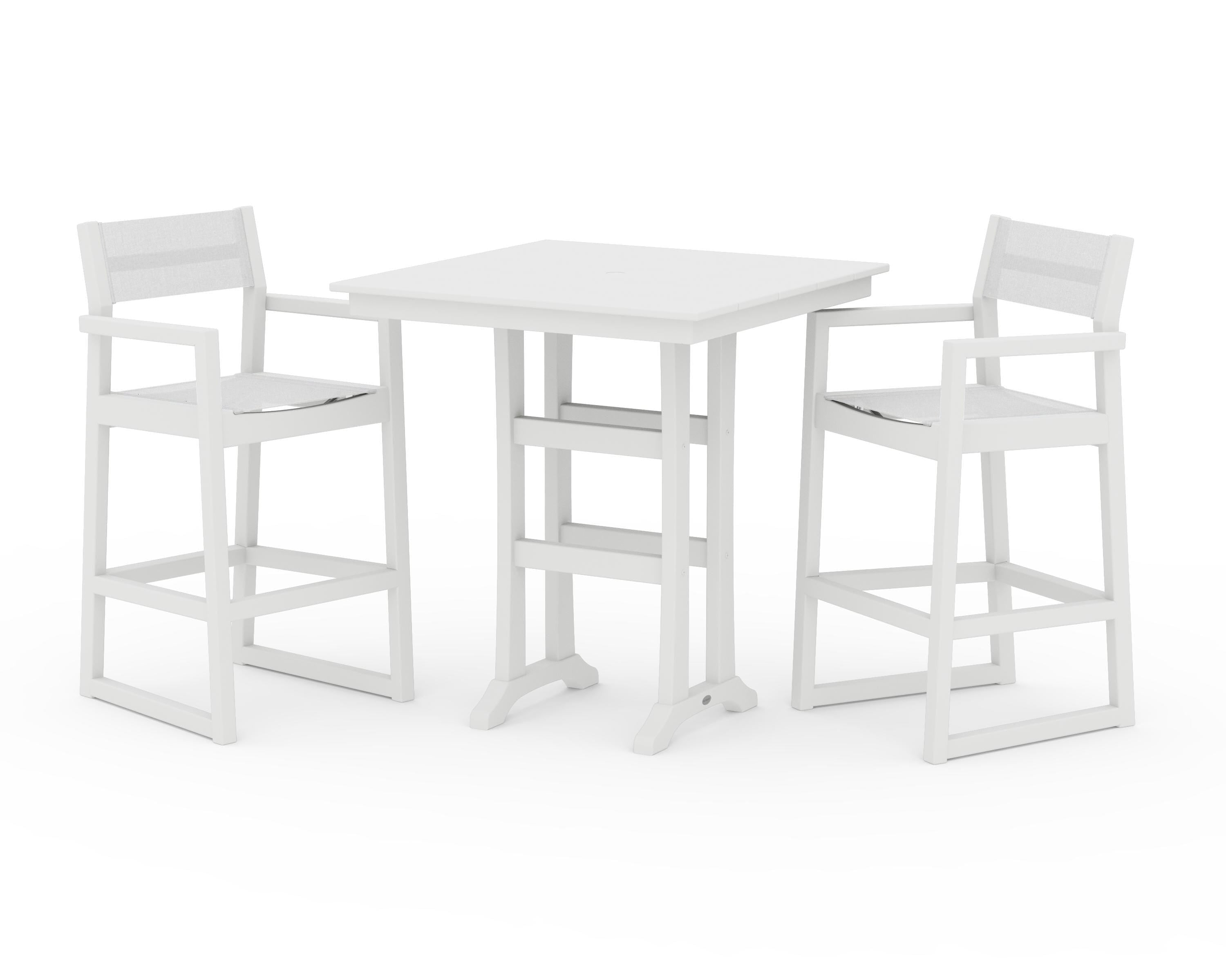 POLYWOOD® EDGE Sling Arm Chair 3-Piece Farmhouse Bar Set with Trestle Legs in White / White Sling